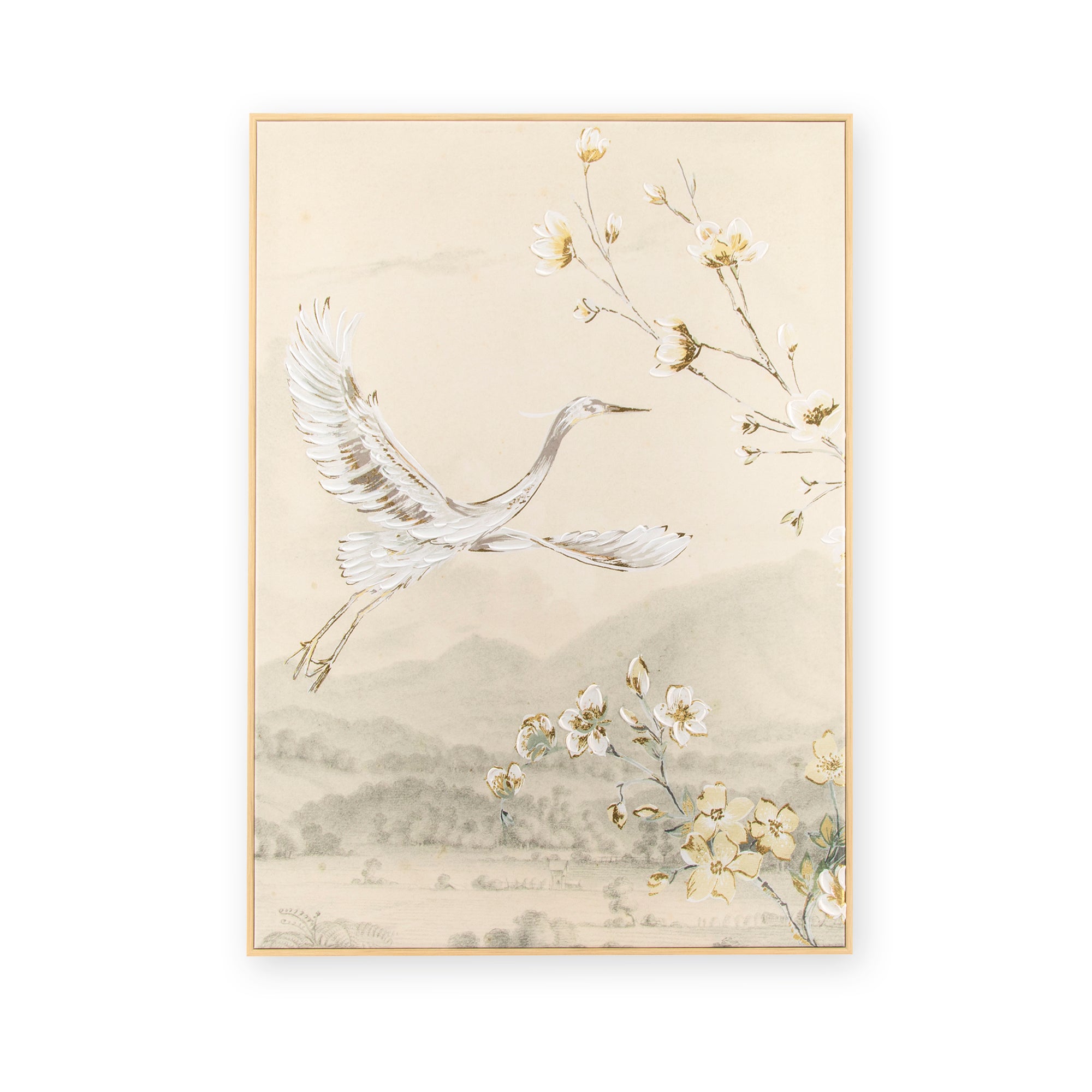 Art for the Home Canvas met handgeschilderde details - Crane with blos