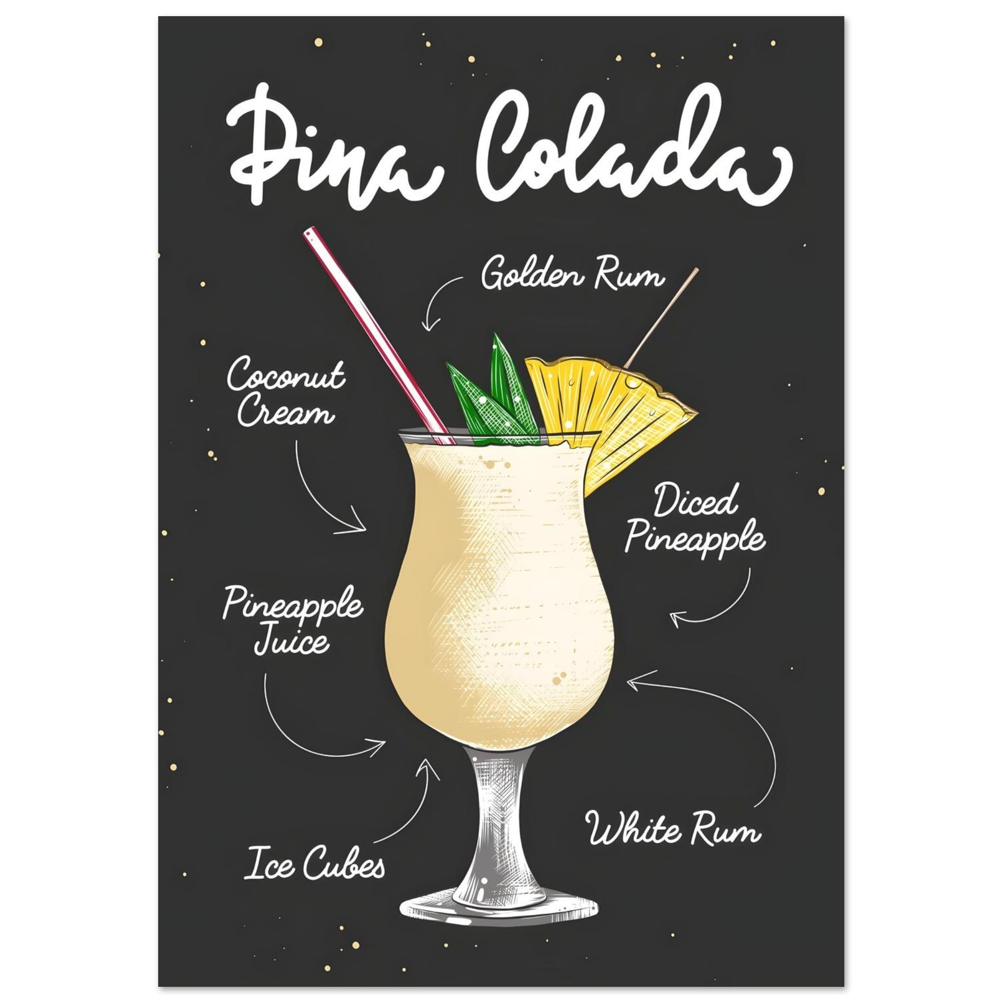 Artfulprints Piña Colada cocktail – Illustratie poster A4 21x29.7 cm