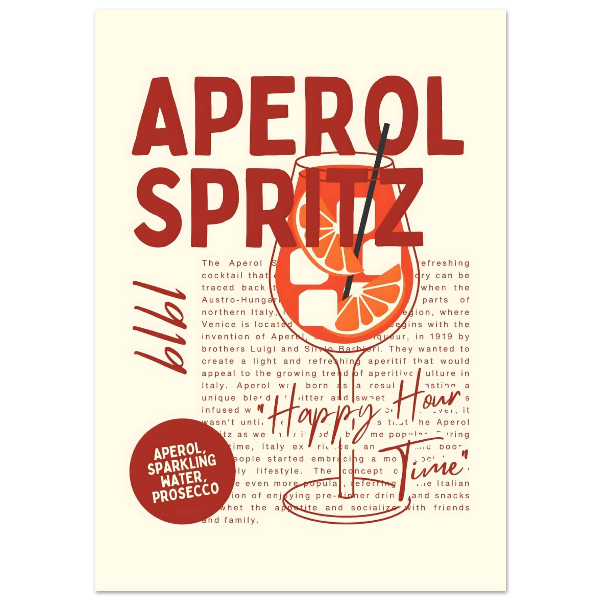 Artfulprints Poster Aperol Spritz - Happy hour - A4 21x29.7 cm - Rood