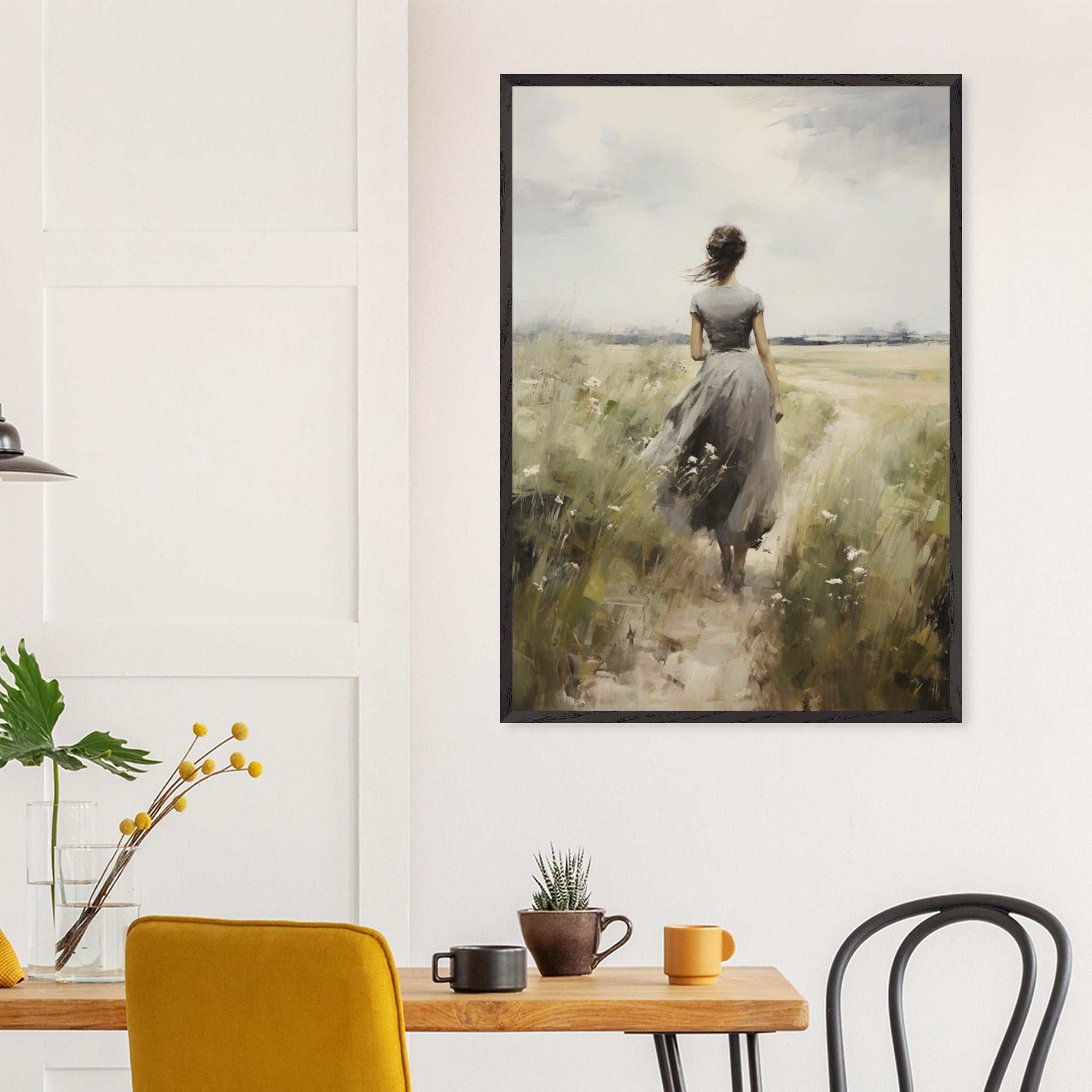Artfulprints Poster Woman in flowerfield - 70x100 cm - Groen