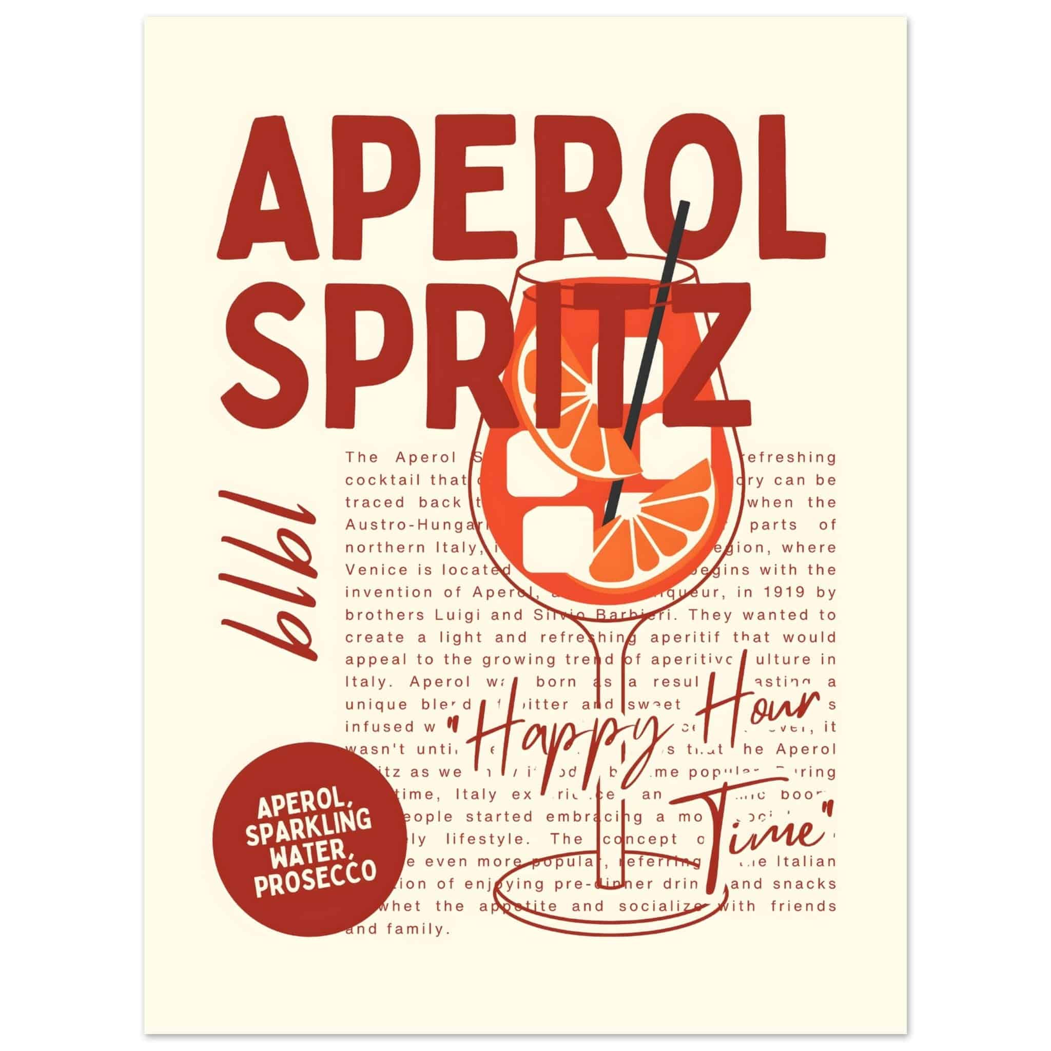 Artfulprints Poster Aperol Spritz - Happy hour - 30x40 cm - Rood