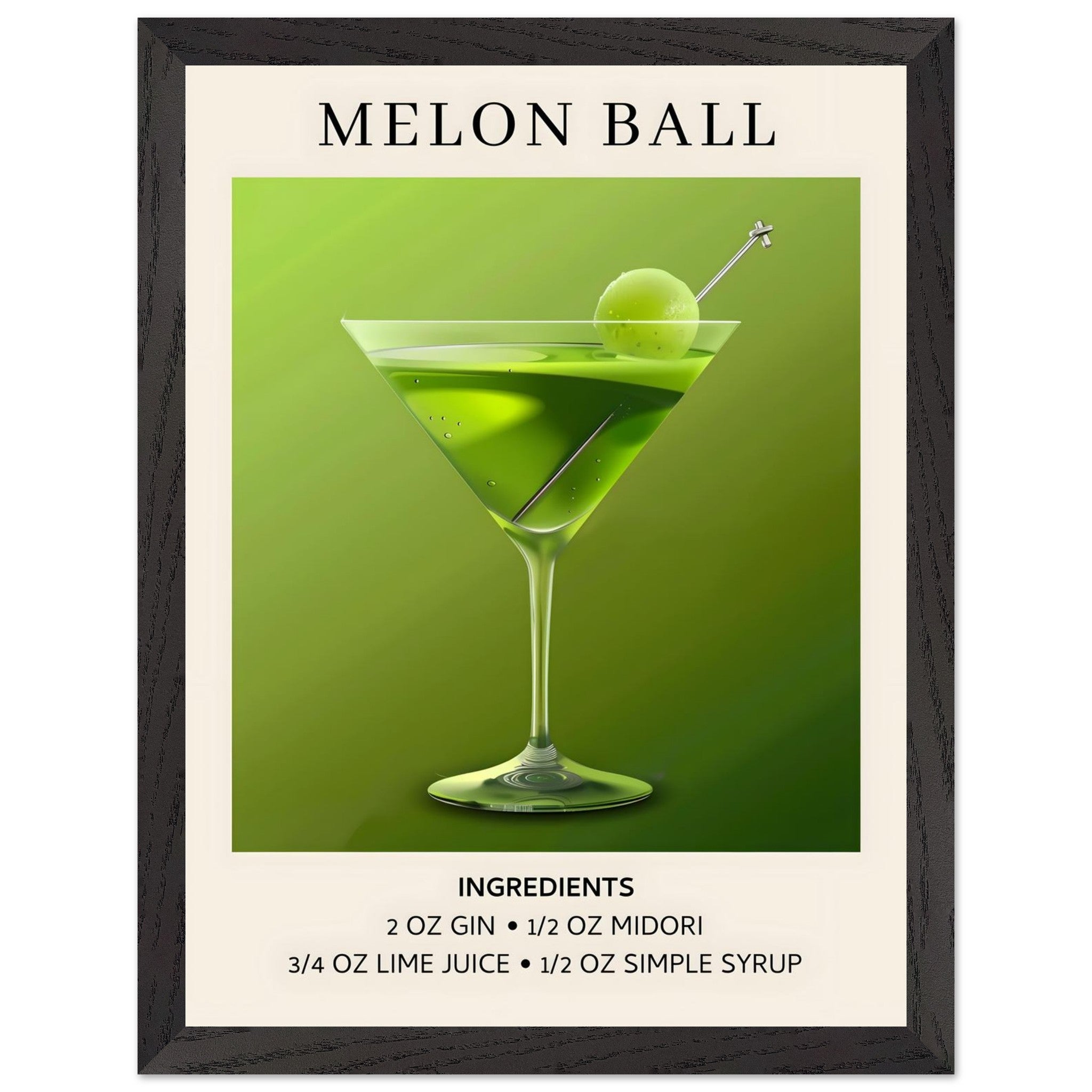 Artfulprints Poster met Lijst Melon Ball cocktail - Ingrediënten - 30x