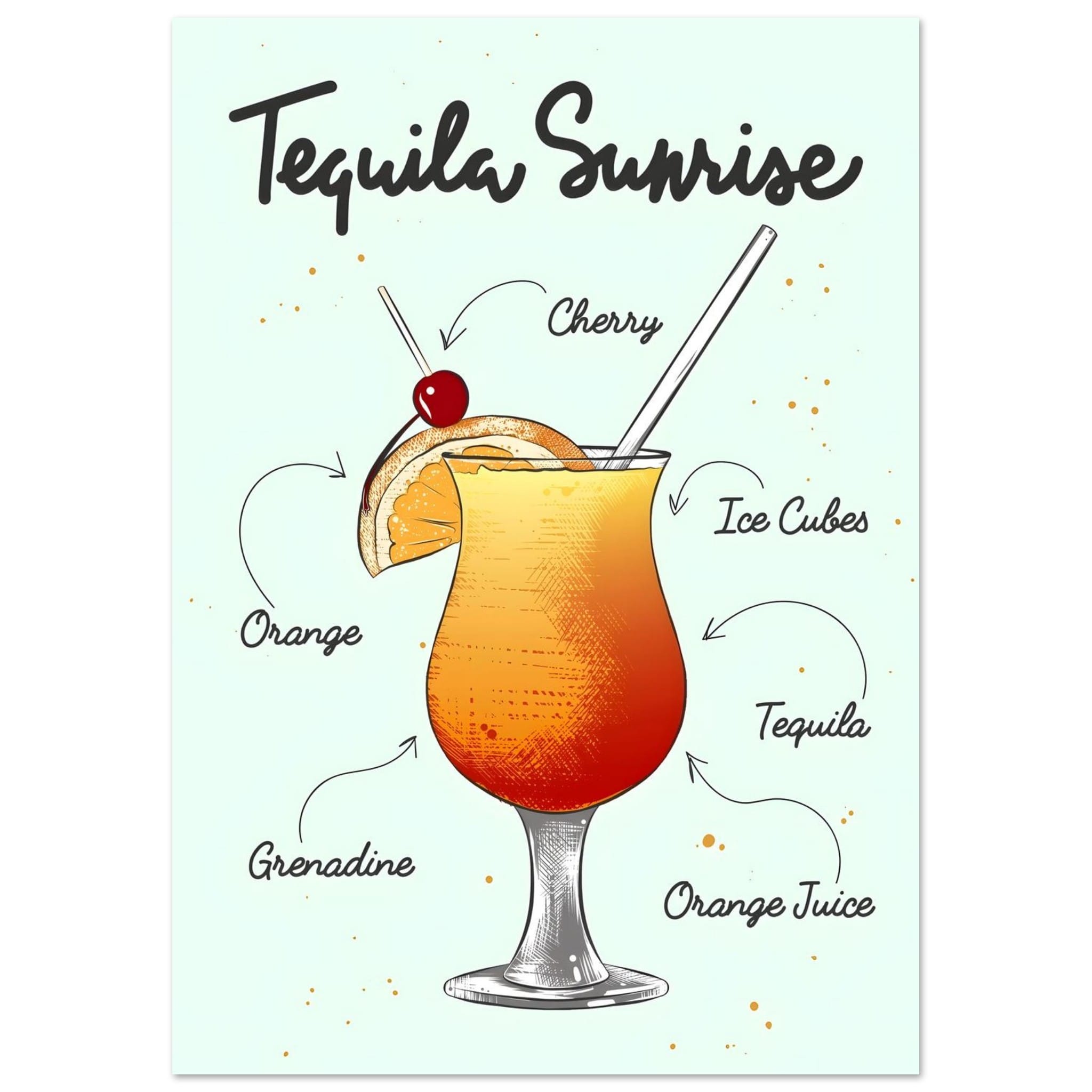 Artfulprints Tequila Sunrise cocktail – Illustratie poster A4 21x29.7