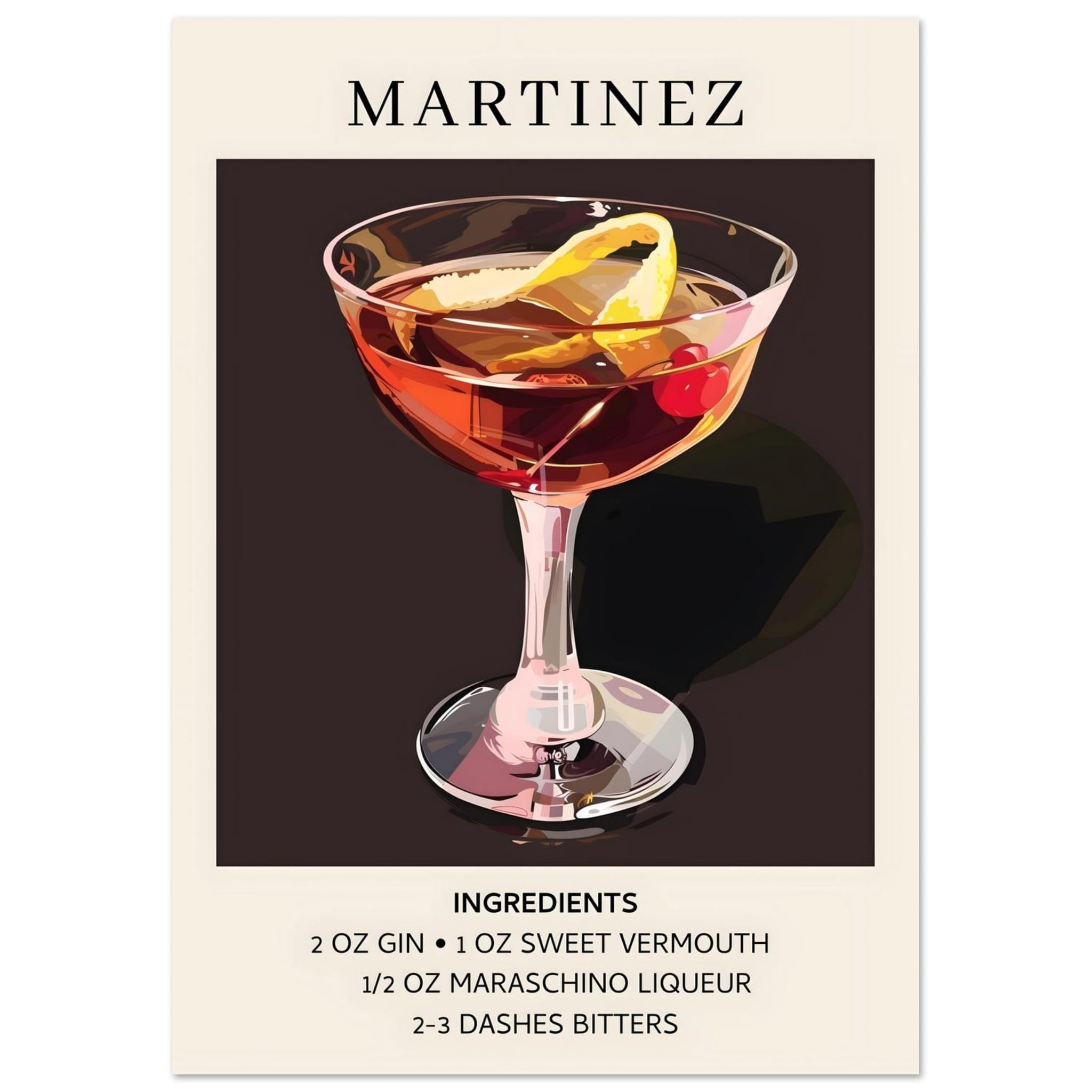 Artfulprints Poster Martinez cocktail - Ingrediënten - A4 21x29.7 cm -