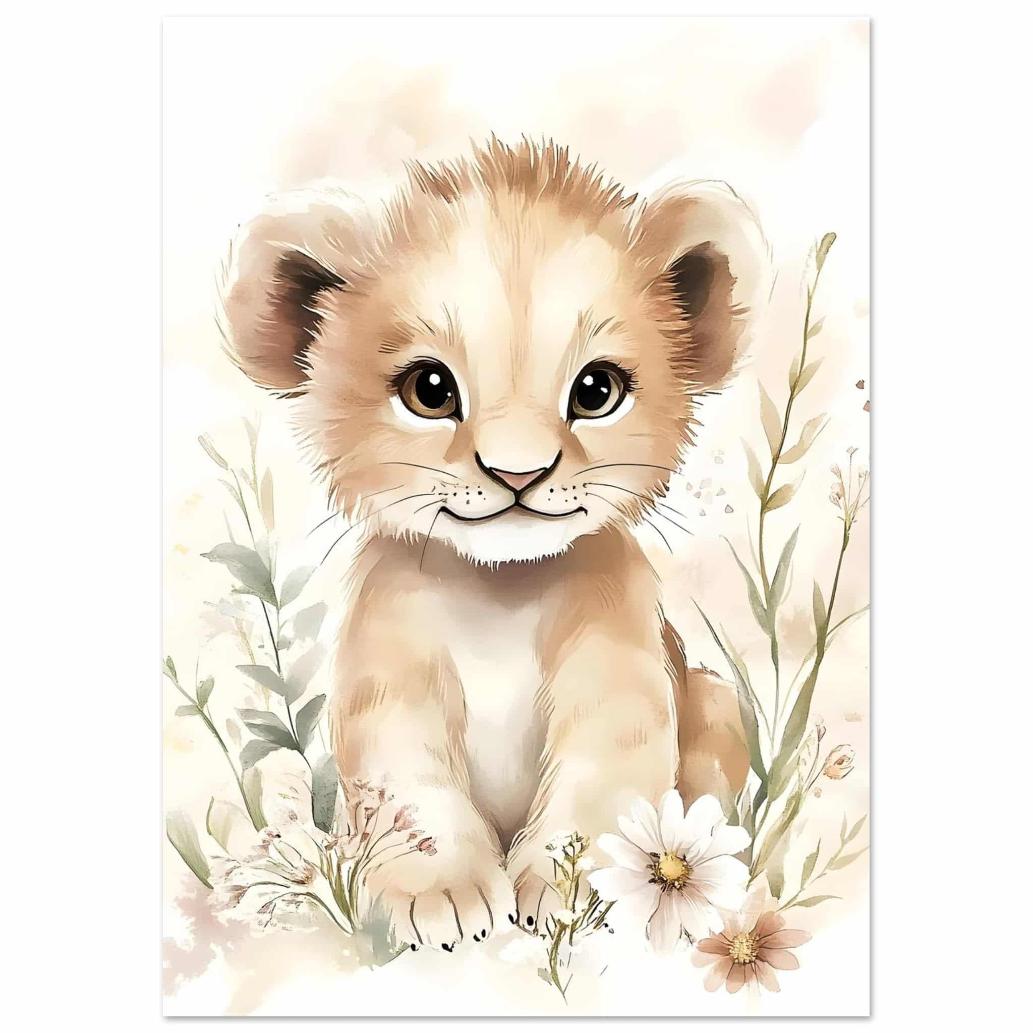 Artfulprints Poster Leeuwtje in bloemenweide - A4 21x29.7 cm - Bruin