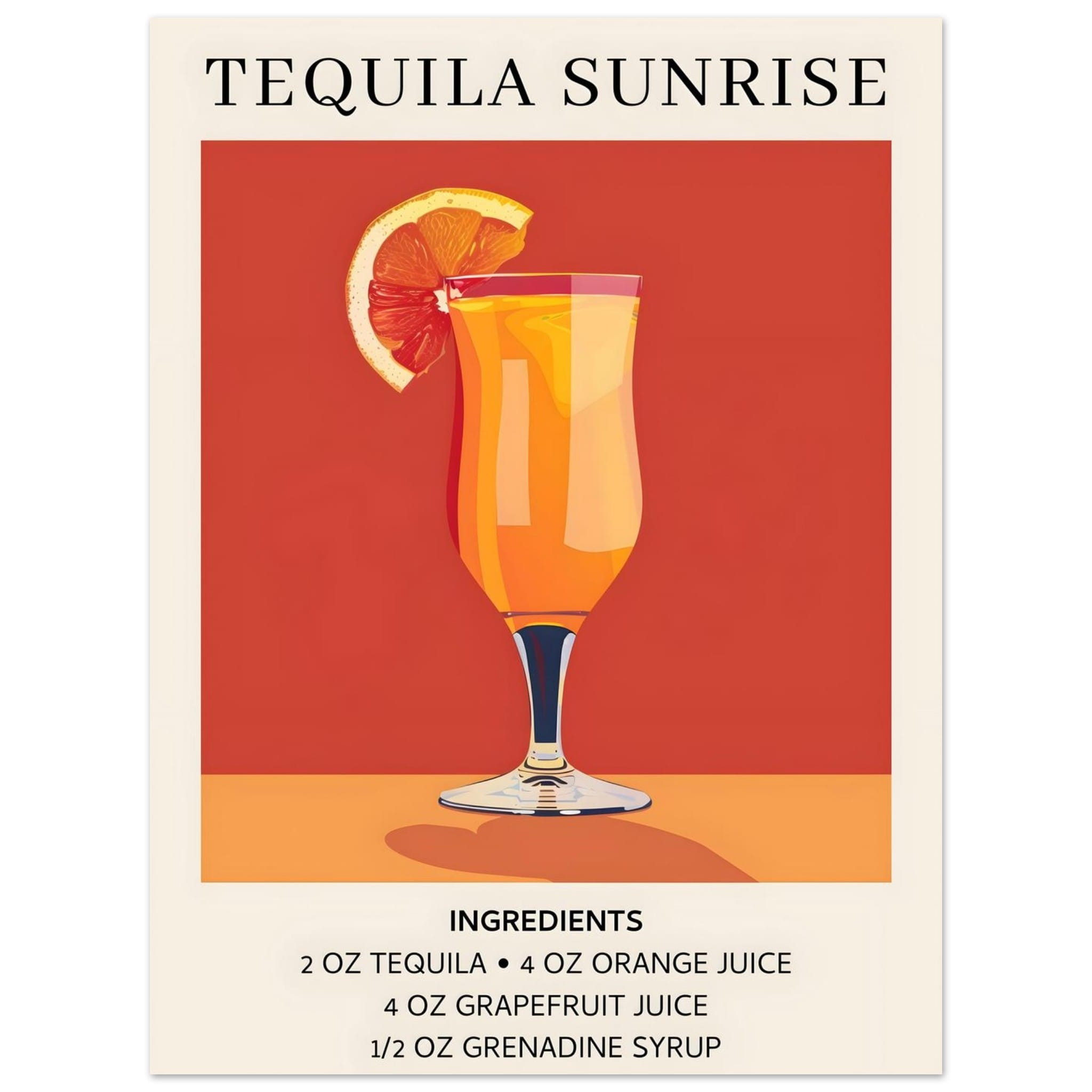 Artfulprints Poster Tequila Sunrise cocktail - Ingrediënten - 30x40 cm