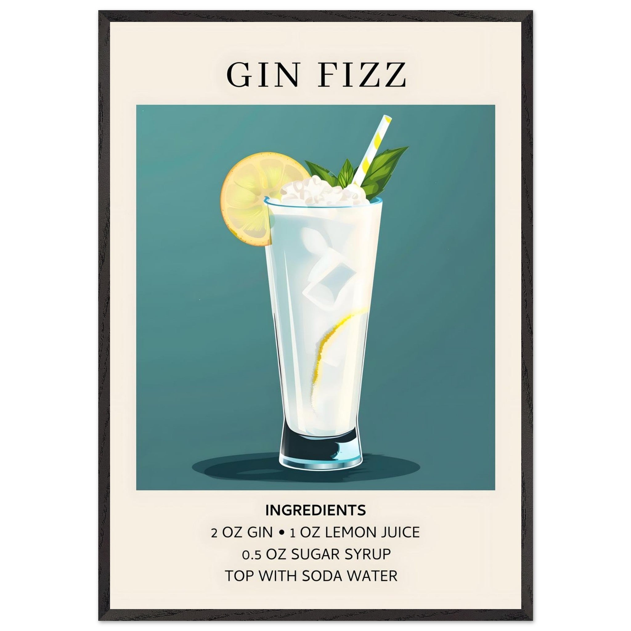 Artfulprints Poster met Lijst Gin Fizz cocktail - Ingrediënten - 70x10