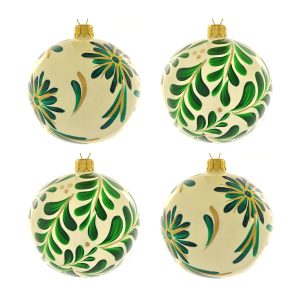 Dagmara kerstballen – crème – glas – set van 4 – met groene bloemenmot Dagmara kerstballen – crème – glas – set van 4 – met groene bloemenmot