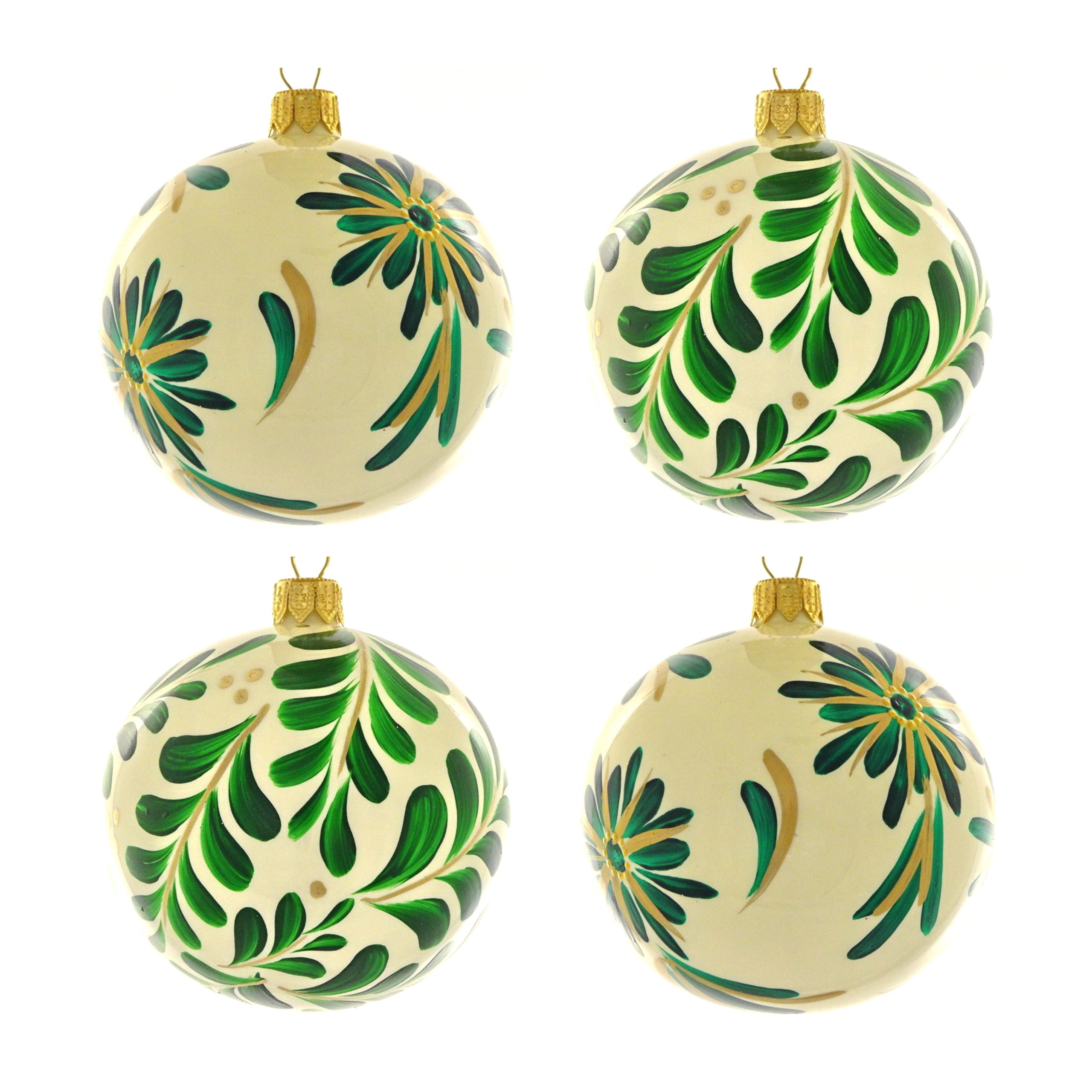 Dagmara kerstballen – crème – glas – set van 4 – met groene bloemenmot