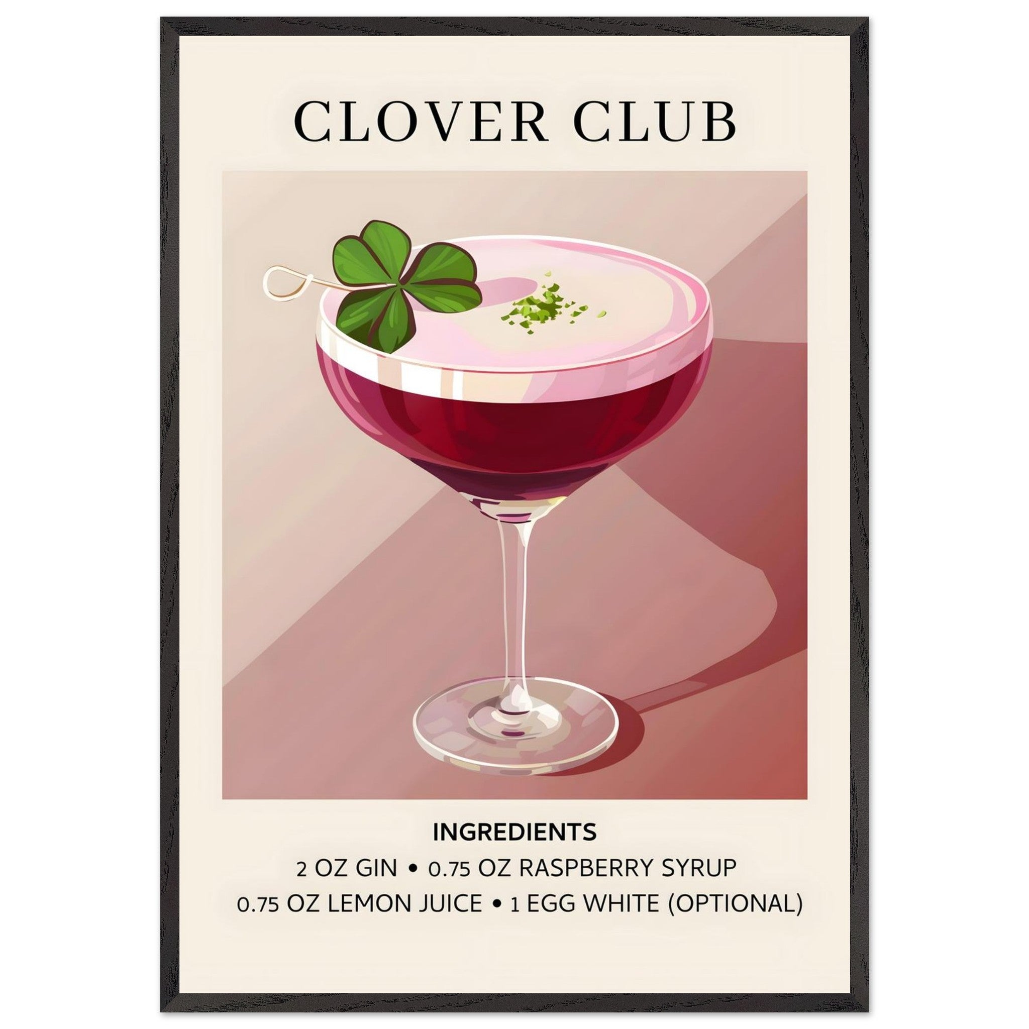 Artfulprints Poster met Lijst Clover Club cocktail - Ingrediënten - 70