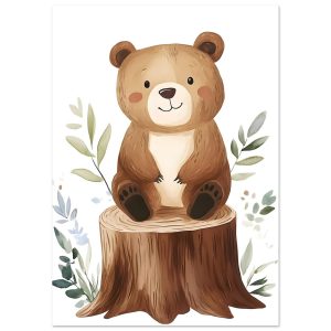 Artfulprints Poster Beertje in het bos – A4 21×29.7 cm – Bruin