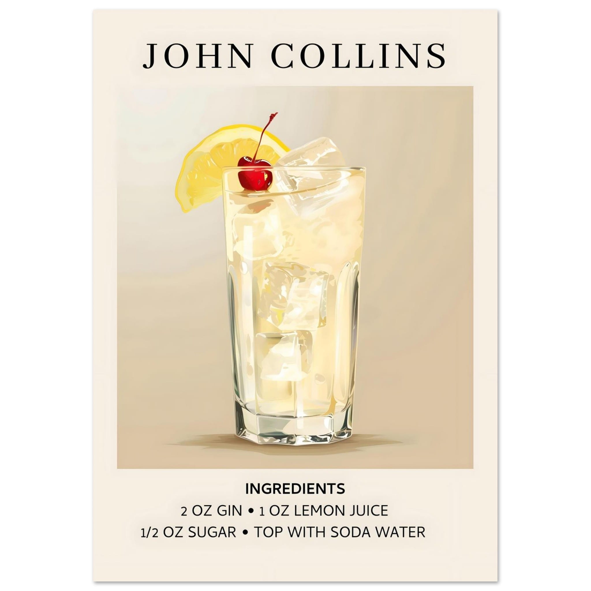 Artfulprints Poster John Collins cocktail - Ingrediënten - A4 21x29.7