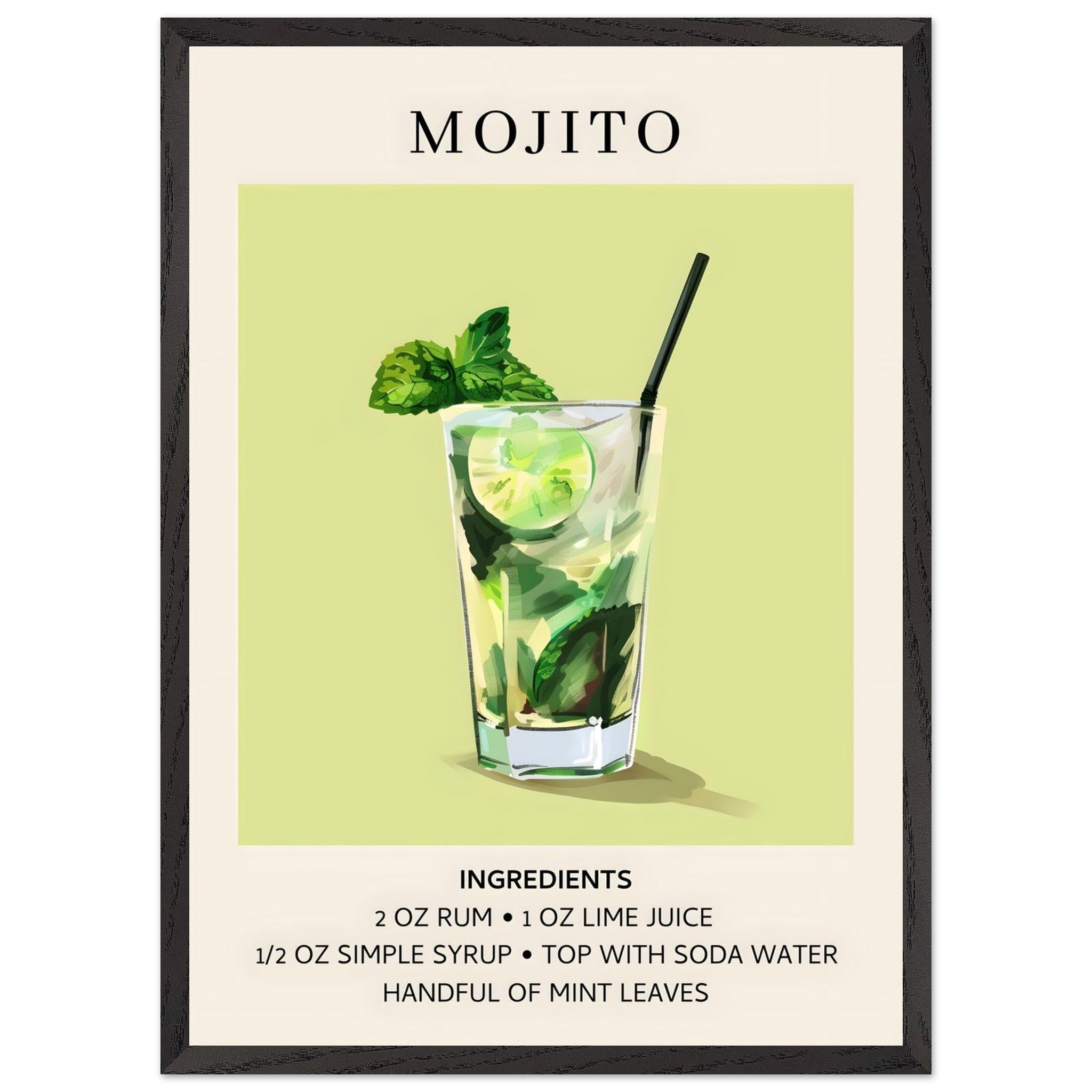 Artfulprints Poster met Lijst Mojito cocktail - Ingrediënten - 50x70 c