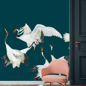 Catchii Behang Mural kraanvogels blauw Japanese Crane Dance Catchii Behang Mural kraanvogels blauw Japanese Crane Dance
