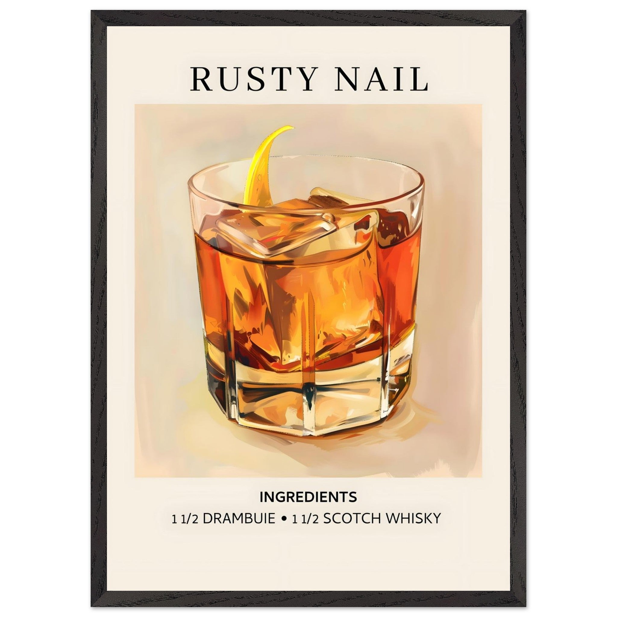 Artfulprints Poster met Lijst Rusty Nail cocktail - Ingredients - 50x7