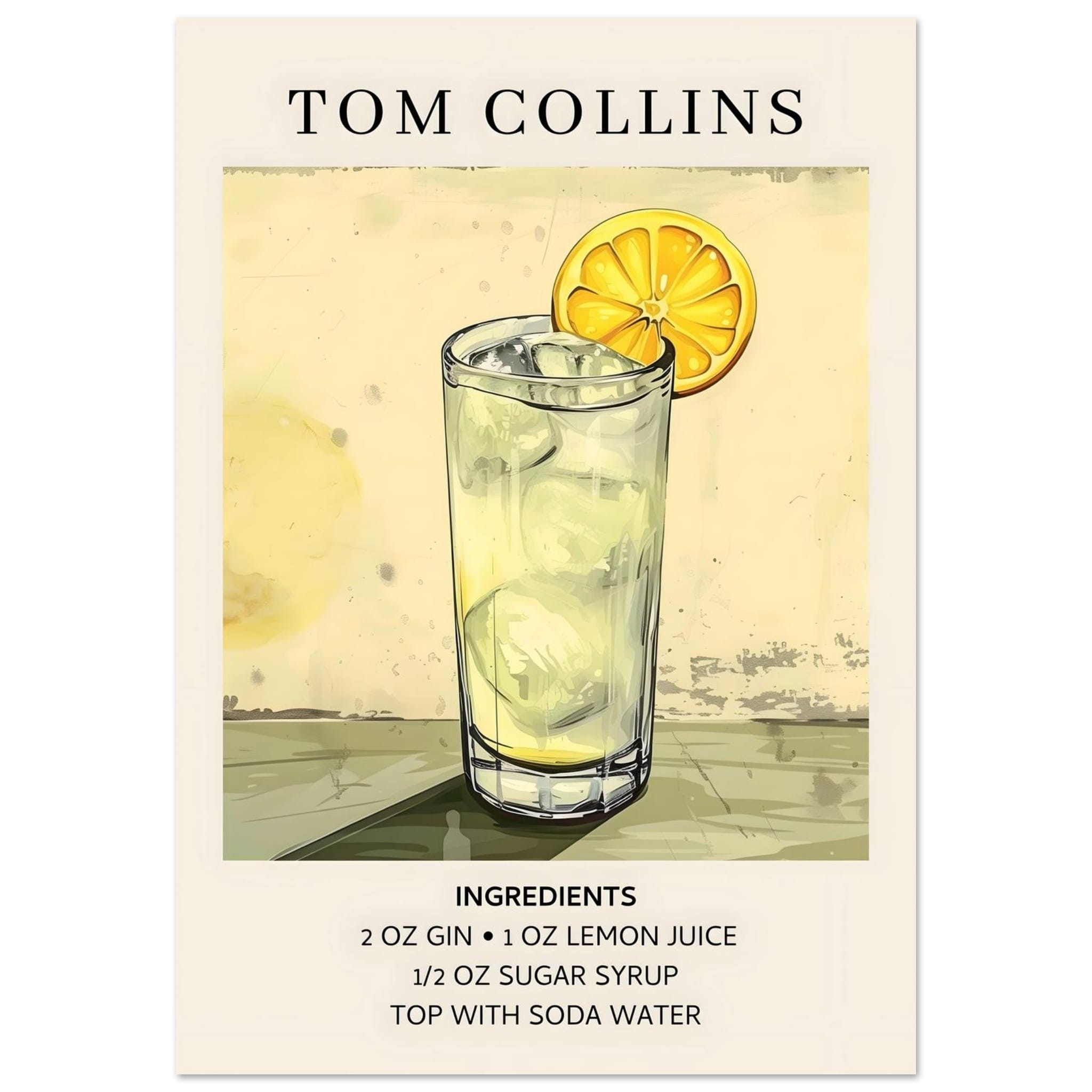 Artfulprints Poster Tom Collins cocktail - Ingrediënten - 70x100 cm -