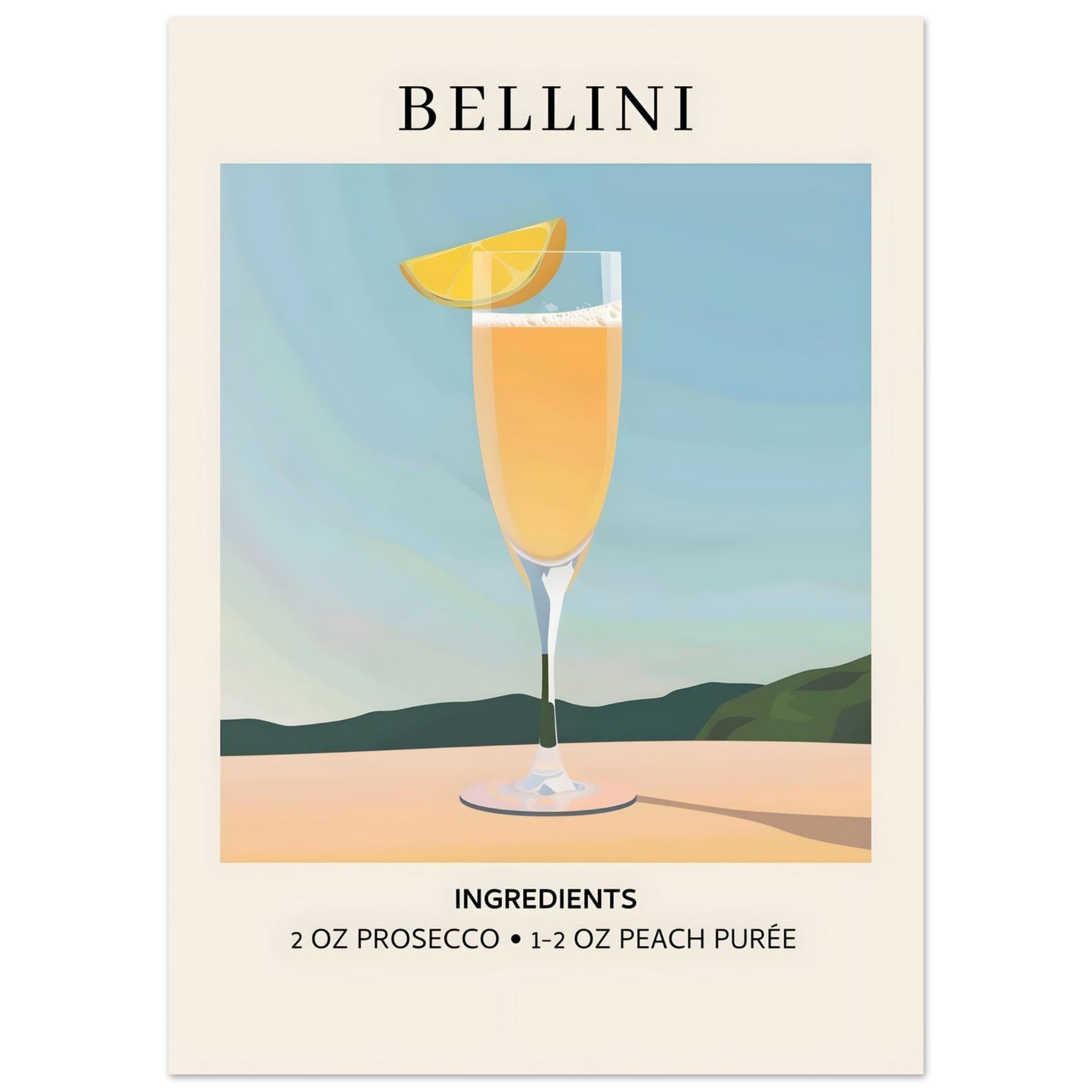 Artfulprints Poster Bellini cocktail - Ingrediënten - 50x70 cm - Geel