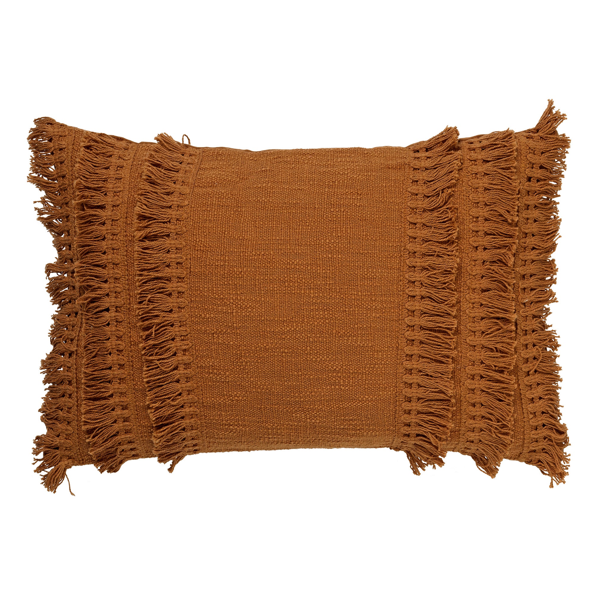 FARA - Kussenhoes 40x60 cm - 100% katoen - met franjes - Tobacco Brown