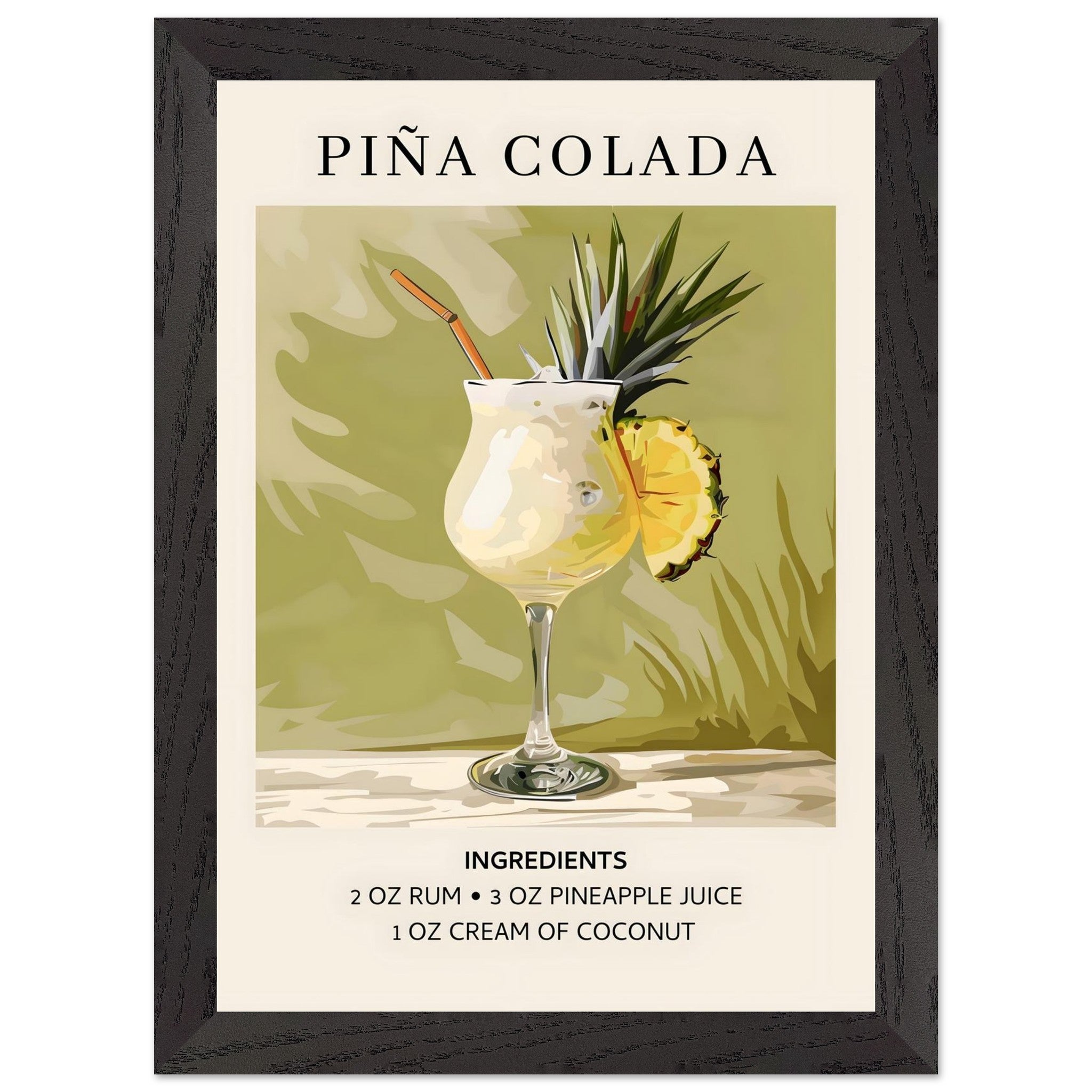 Artfulprints Poster met Lijst Piña Colada cocktail - Ingrediënten - A4