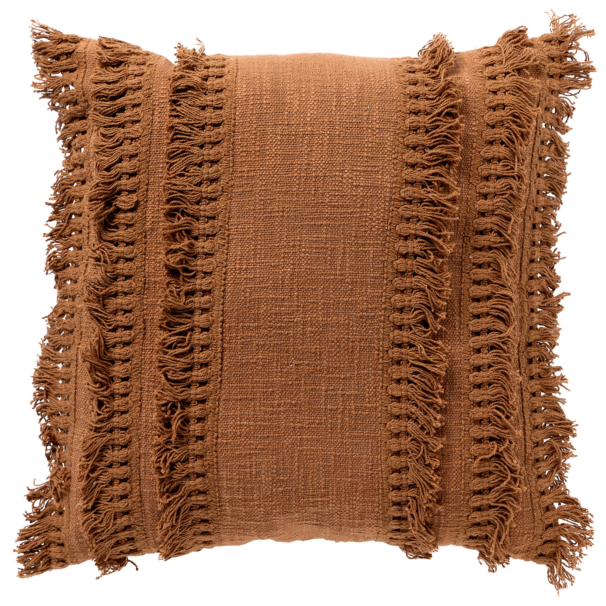 FARA - kussenhoes 45x45 cm - 100% katoen - met franjes - Tobacco Brown