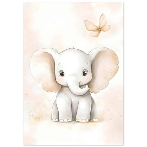 Artfulprints Poster Olifant met vlinder – A4 21×29.7 cm – Grijs