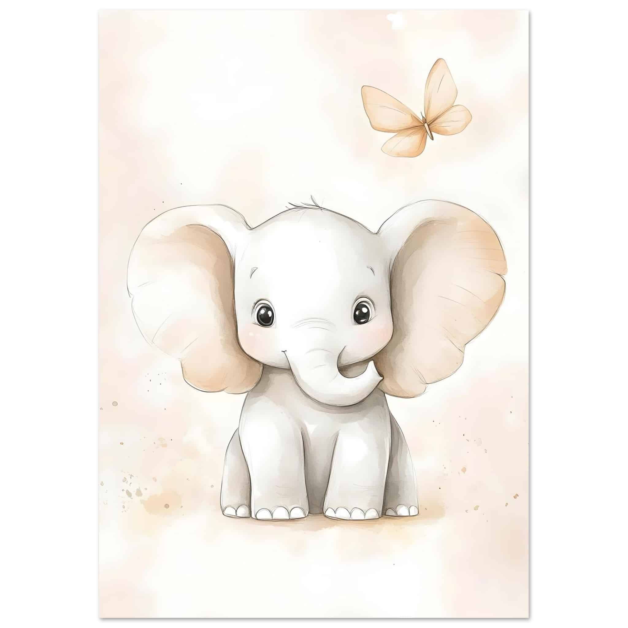 Artfulprints Poster Olifant met vlinder - A4 21x29.7 cm - Grijs