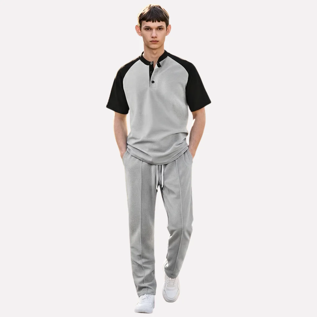 Heren Knopen-Shirt en Wafel Lange Broek Lounge Set