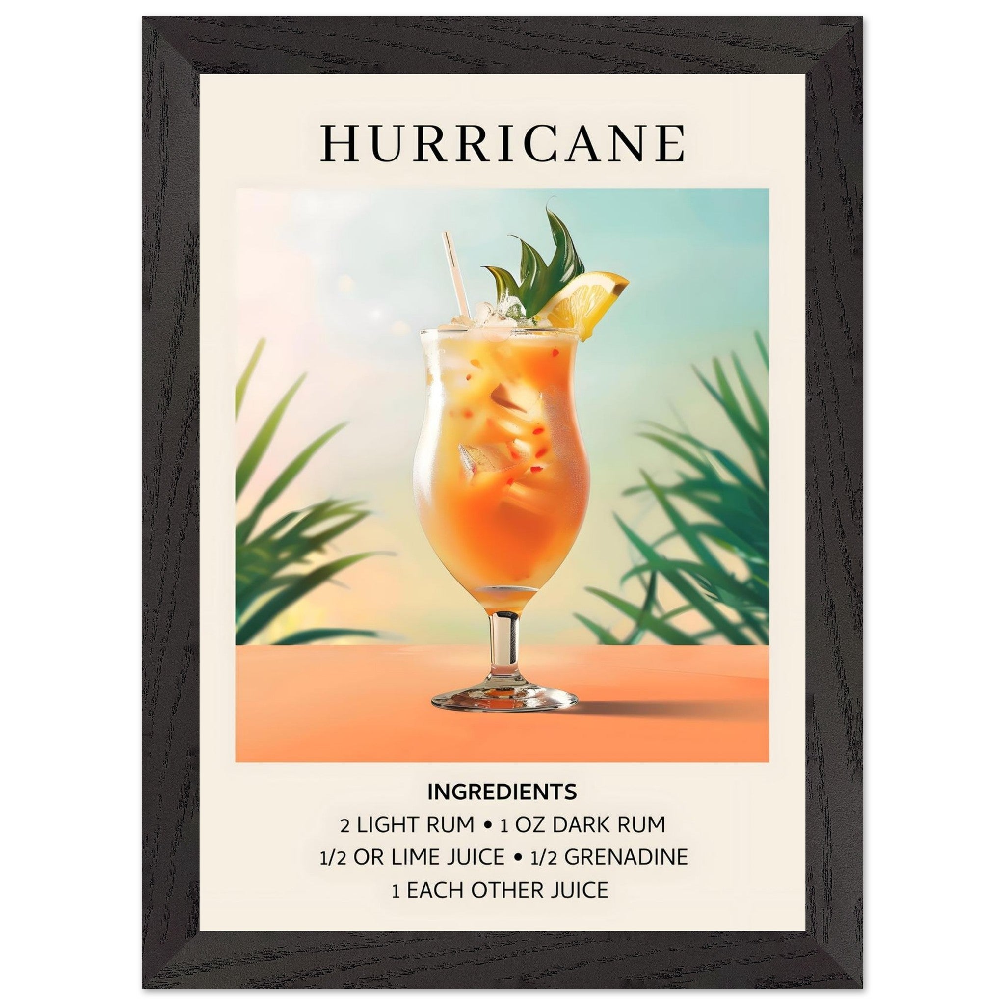 Artfulprints Poster met Lijst Hurricane cocktail - Ingrediënten - A4 2