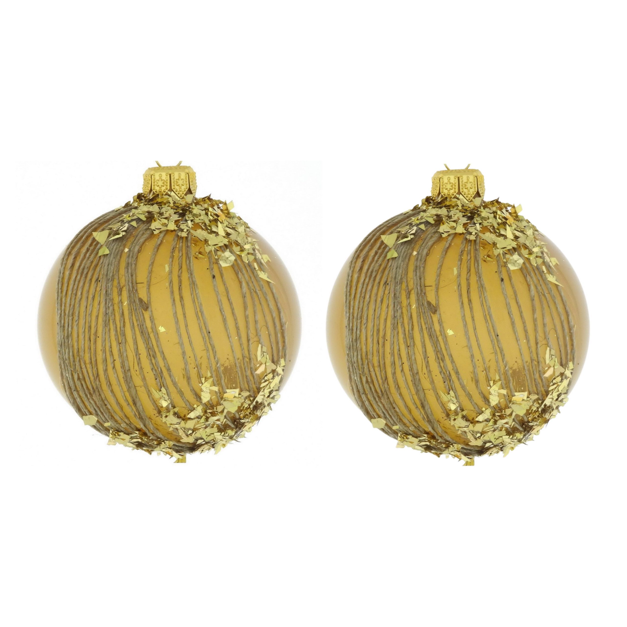 Dagmara kerstbal – goud – glas – set van 2 – met koord en gouden glitt