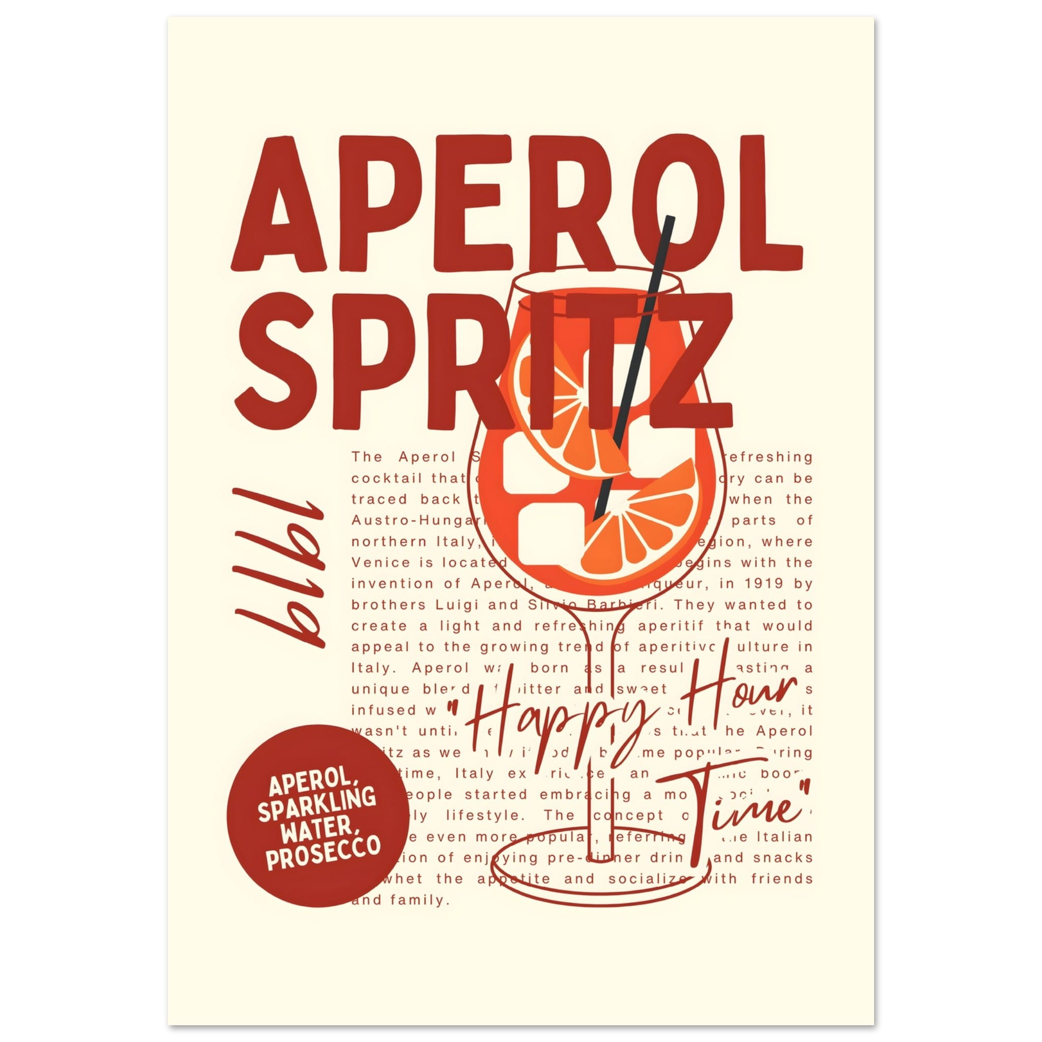 Artfulprints Poster Aperol Spritz - Happy hour - 70x100 cm - Rood
