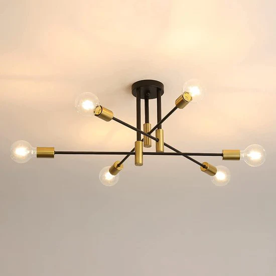 Plafondlamp 6 lampen zwart industrieel goud