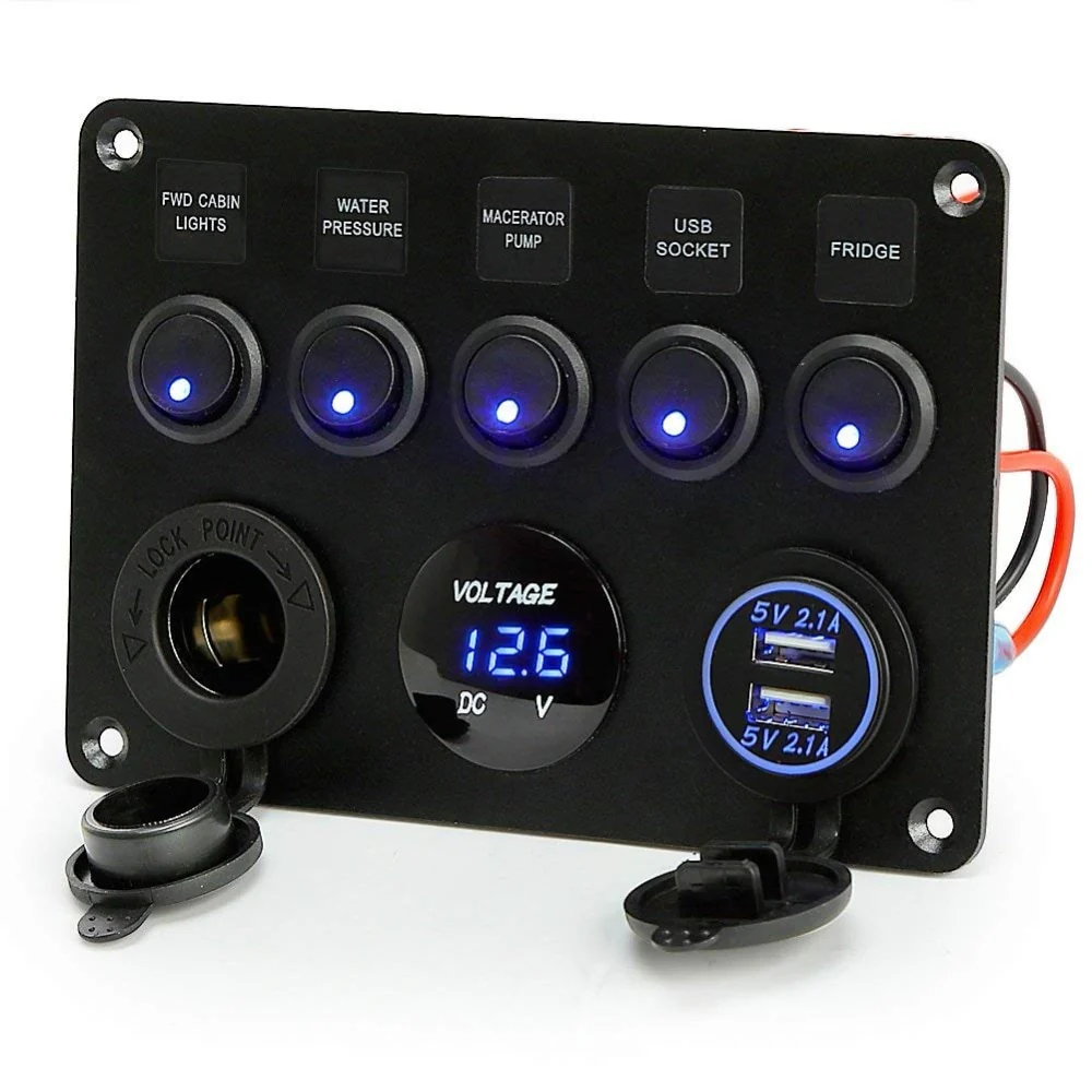 schakelpaneel boot 5 schakelaars / zekering / 12v / usb / voltmeter
