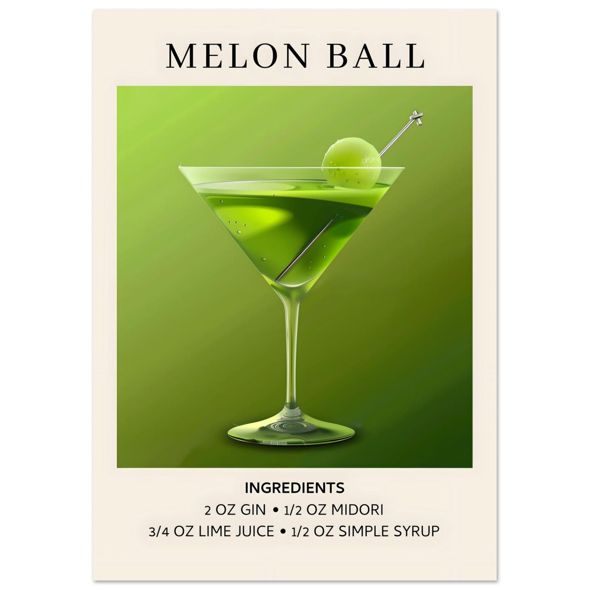 Artfulprints Poster Melon Ball cocktail - Ingrediënten - A4 21x29.7 cm