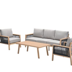 Decala loungeset – 4-delig – aluminium – light teak look -desert sand Decala loungeset – 4-delig – aluminium – light teak look -desert sand