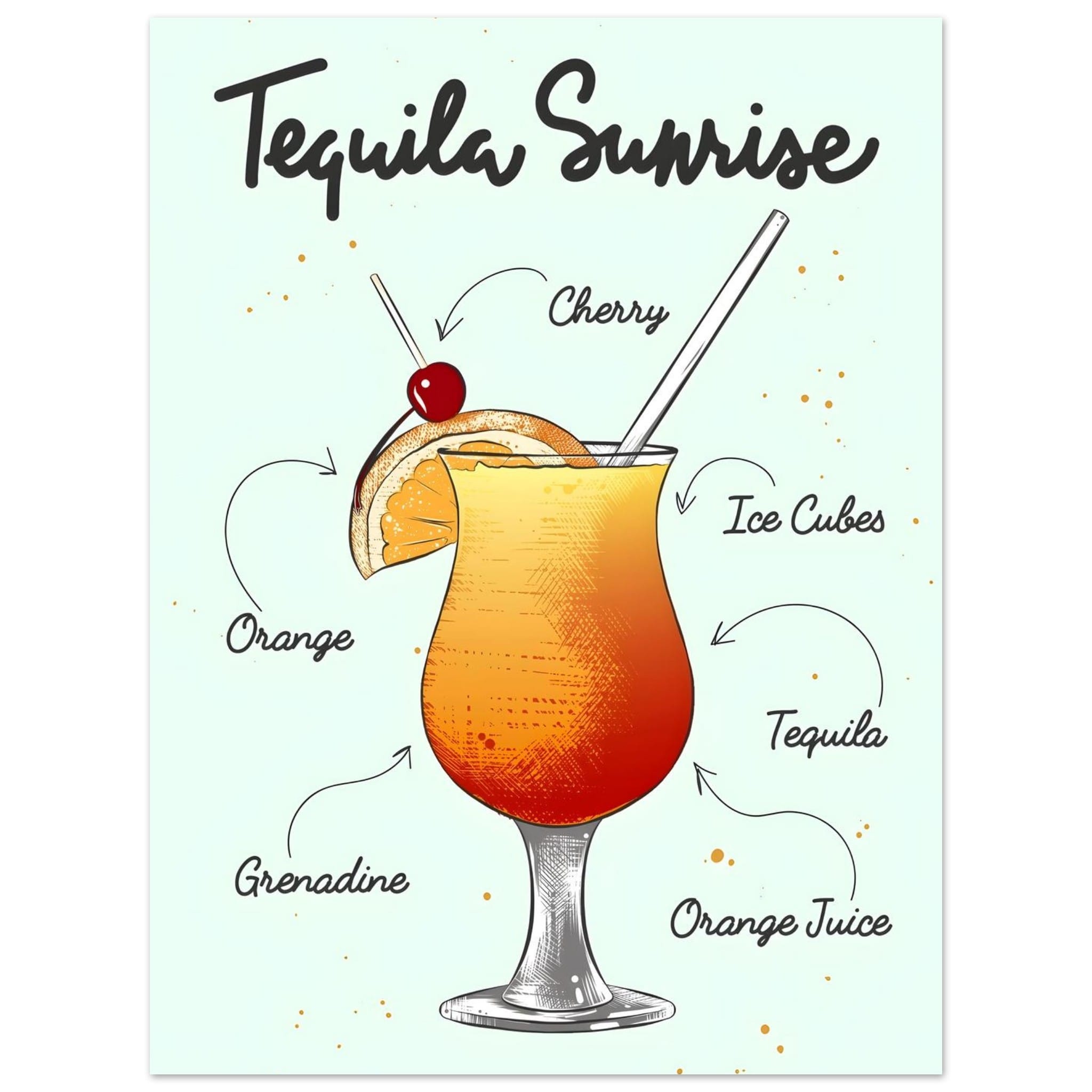 Artfulprints Tequila Sunrise cocktail – Illustratie poster 30x40 cm