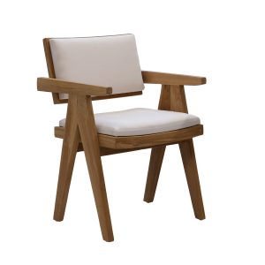 DÉJA Living Eetkamerstoel Lowen – Stof/Teakhout – Beige – Met Armleuni DÉJA Living Eetkamerstoel Lowen – Stof/Teakhout – Beige – Met Armleuni