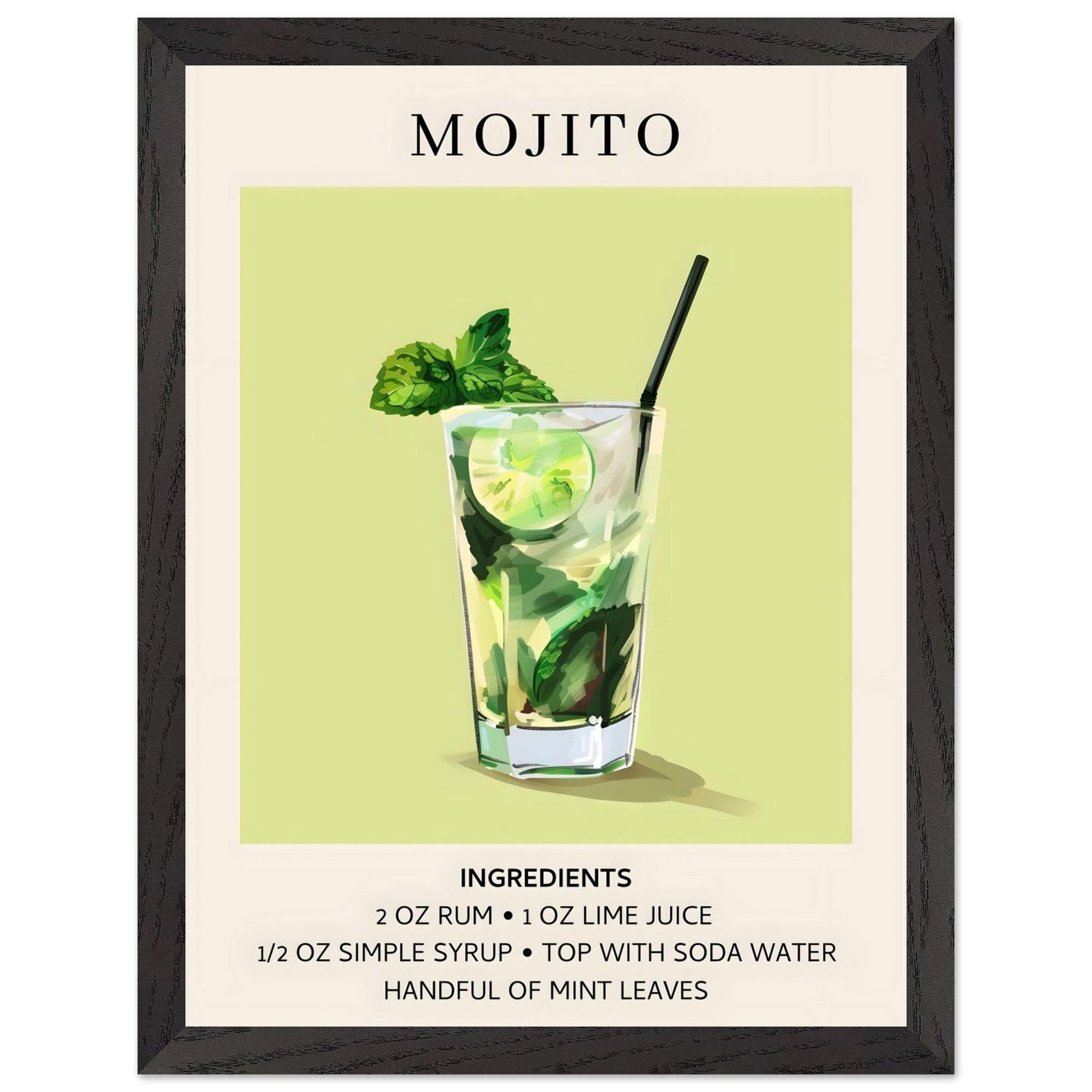 Artfulprints Poster met Lijst Mojito cocktail - Ingrediënten - 30x40 c