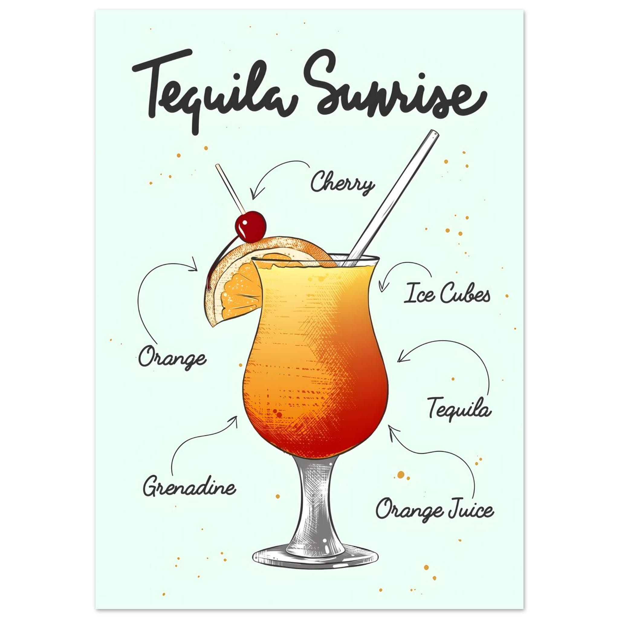 Artfulprints Tequila Sunrise cocktail – Illustratie poster 50x70 cm