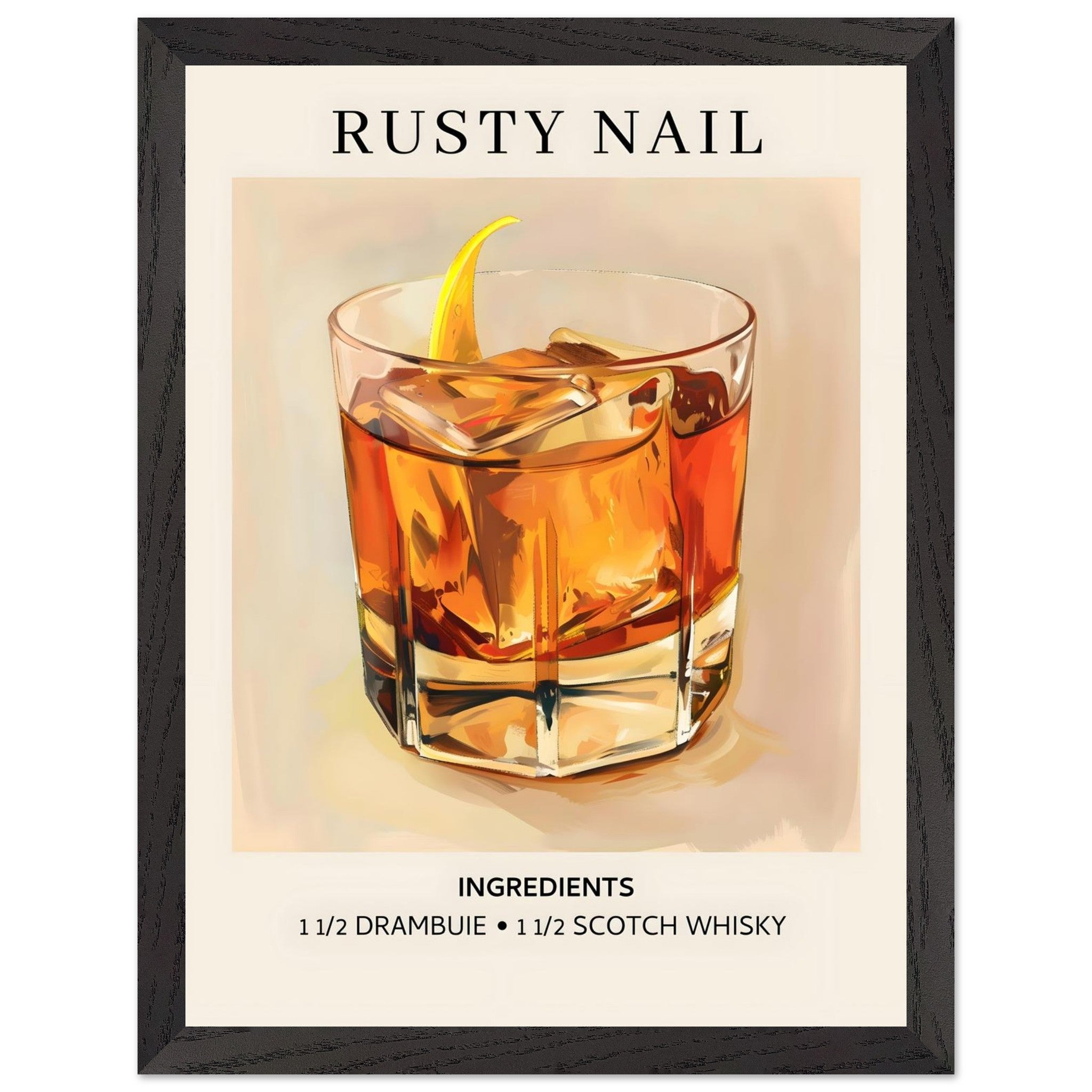 Artfulprints Poster met Lijst Rusty Nail cocktail - Ingredients - 30x4