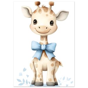 Artfulprints Poster Giraffe met blauwe strik – 50×70 cm – Geel