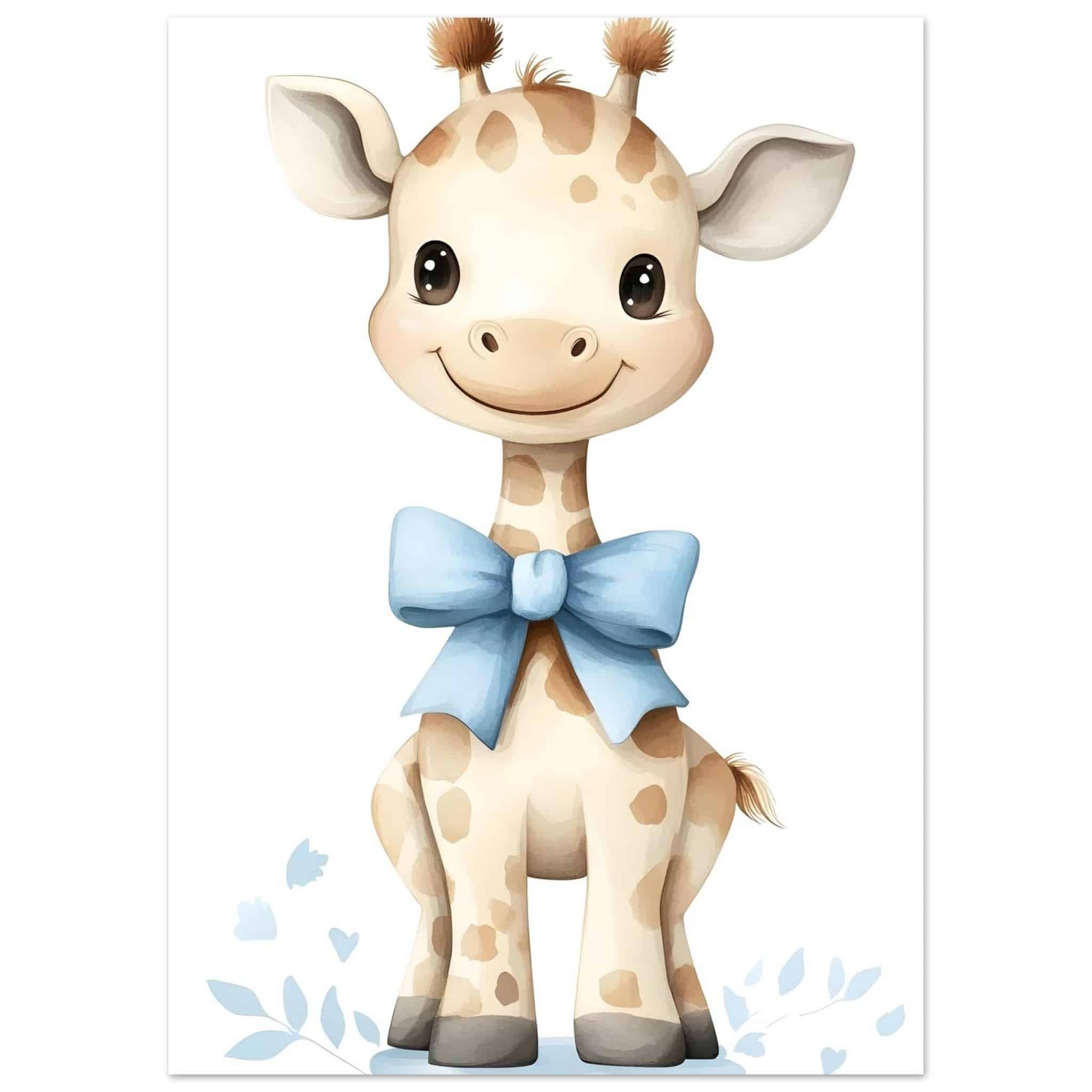 Artfulprints Poster Giraffe met blauwe strik - 50x70 cm - Geel