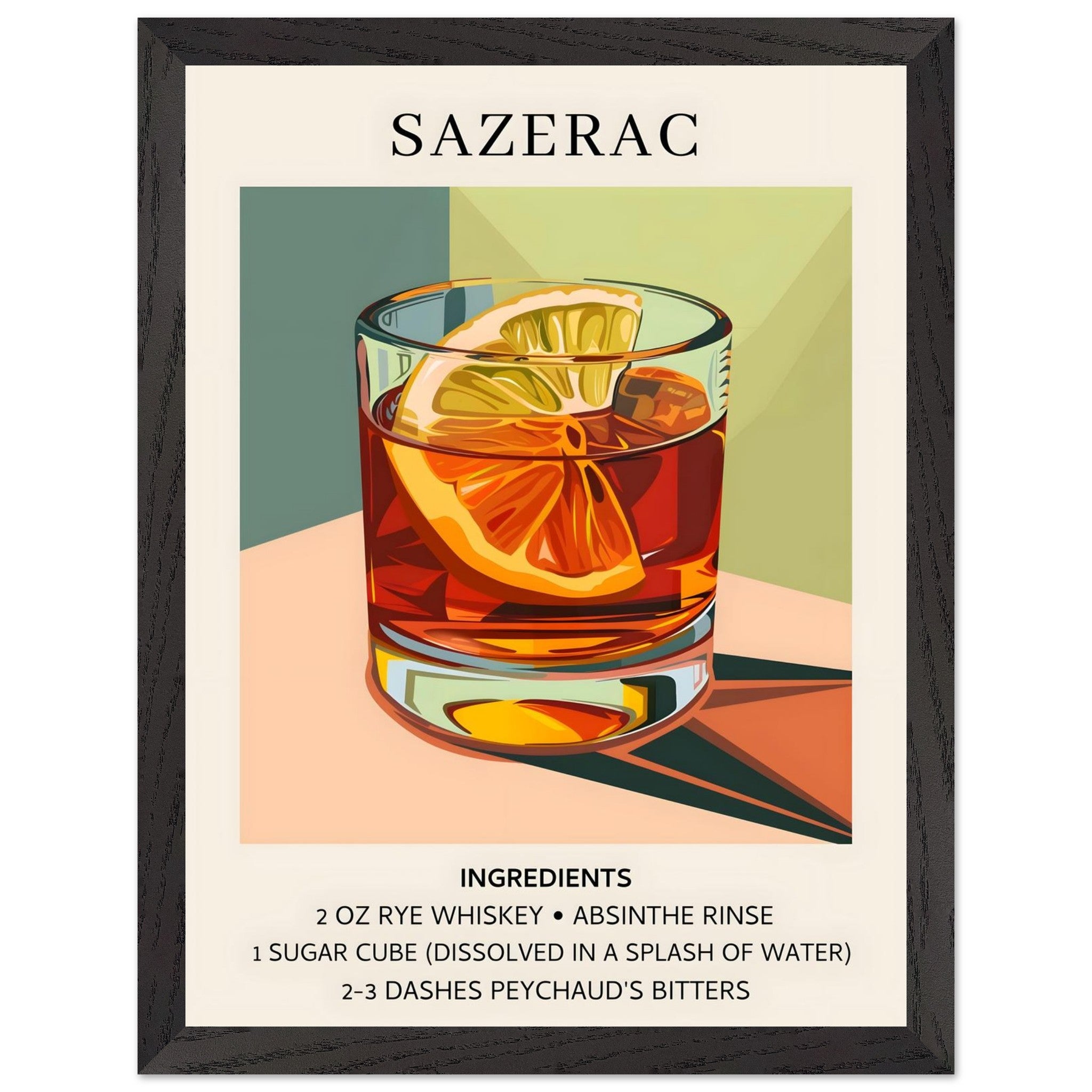 Artfulprints Poster met Lijst Sazerac cocktail - Ingrediënten - 30x40
