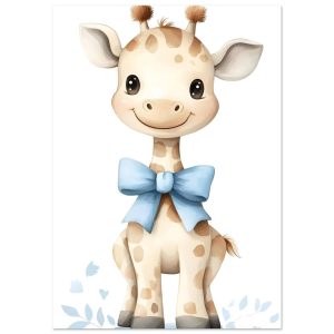 Artfulprints Poster Giraffe met blauwe strik – A4 21×29.7 cm – Geel