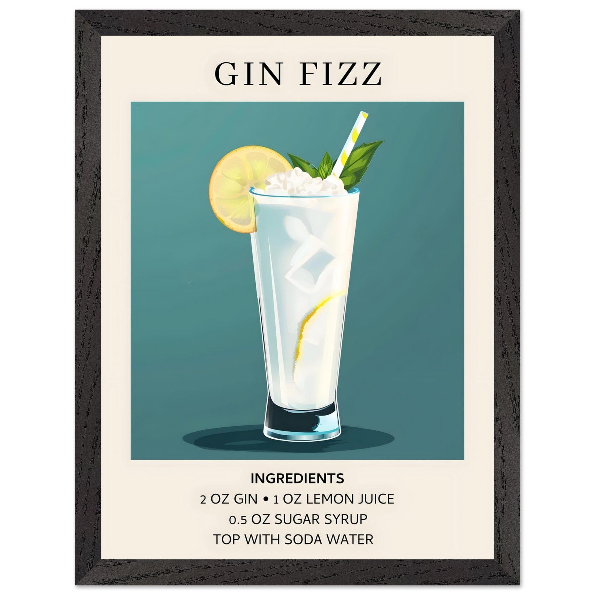 Artfulprints Poster met Lijst Gin Fizz cocktail - Ingrediënten - 30x40