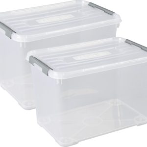 Curver Handy+ Opbergbox – 65L – 2 stuks – Transparant met deksel Curver Handy+ Opbergbox – 65L – 2 stuks – Transparant met deksel