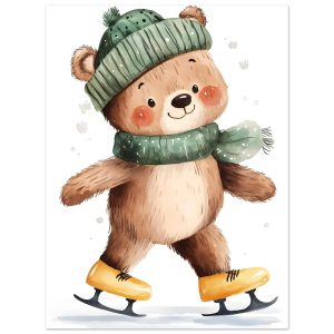 Artfulprints Poster Schaatsende beer – 30×40 cm – Bruin