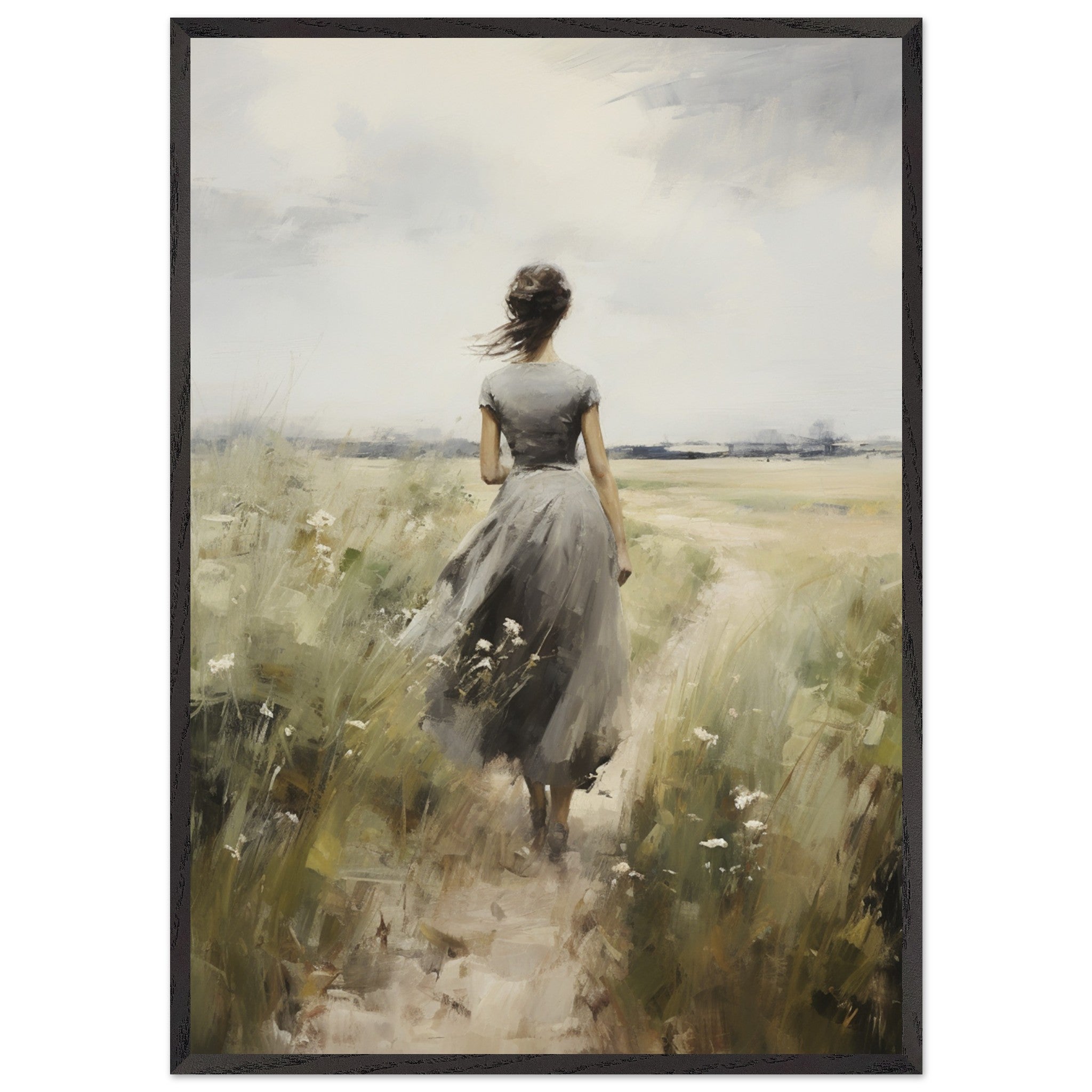 Artfulprints Poster met Lijst Woman in flowerfield - 70x100 cm - Groen