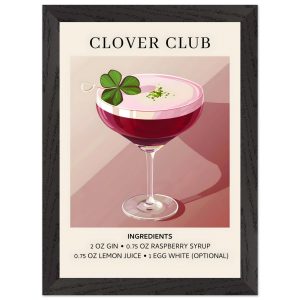 Artfulprints Poster met Lijst Clover Club cocktail – Ingrediënten – A4 Artfulprints Poster met Lijst Clover Club cocktail – Ingrediënten – A4