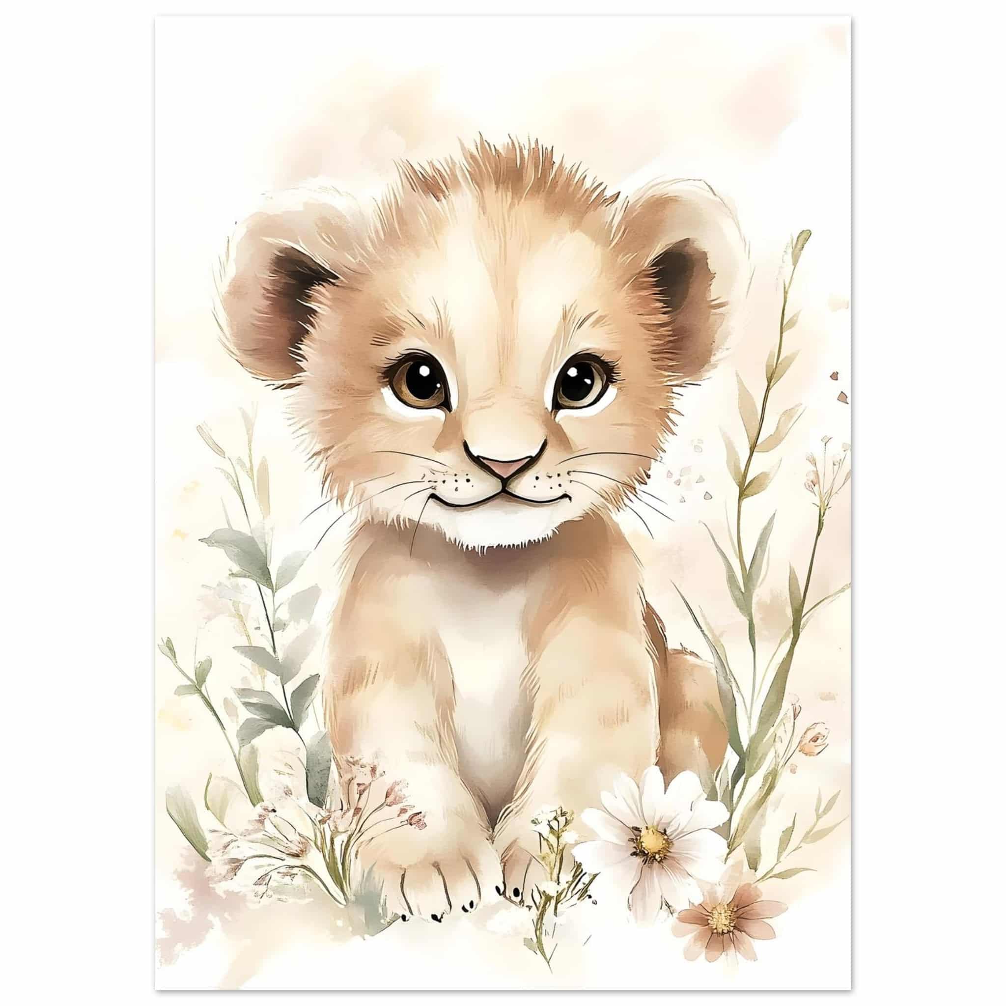 Artfulprints Poster Leeuwtje in bloemenweide - 50x70 cm - Bruin