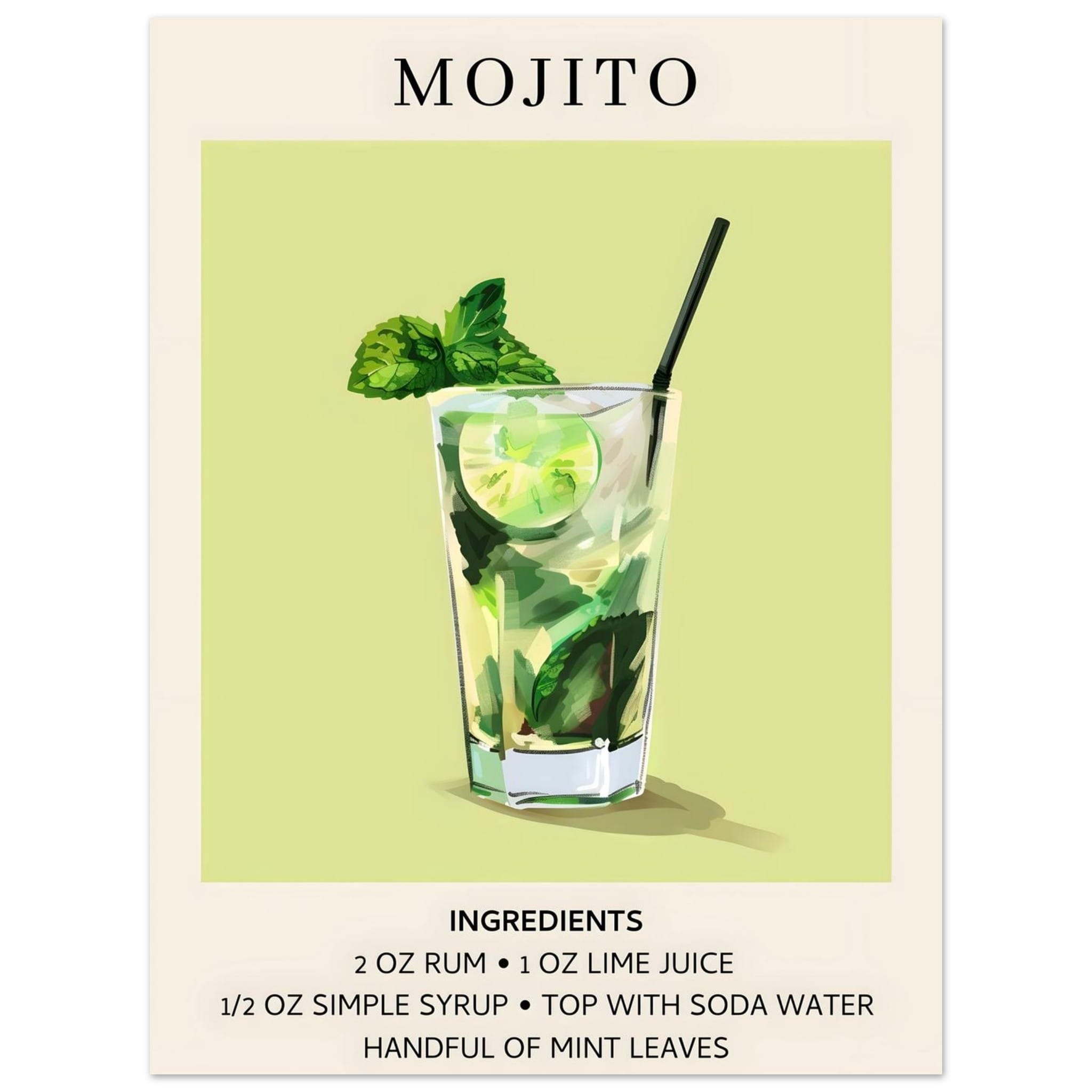 Artfulprints Poster Mojito cocktail - Ingrediënten - 30x40 cm - Groen